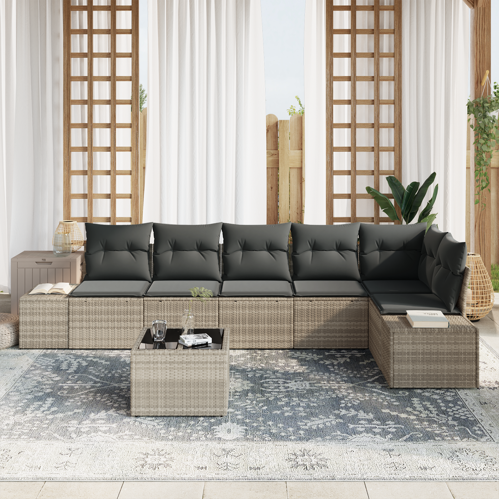 vidaXL 7-delige Tuinbankenset met kussens poly rattan grijs
