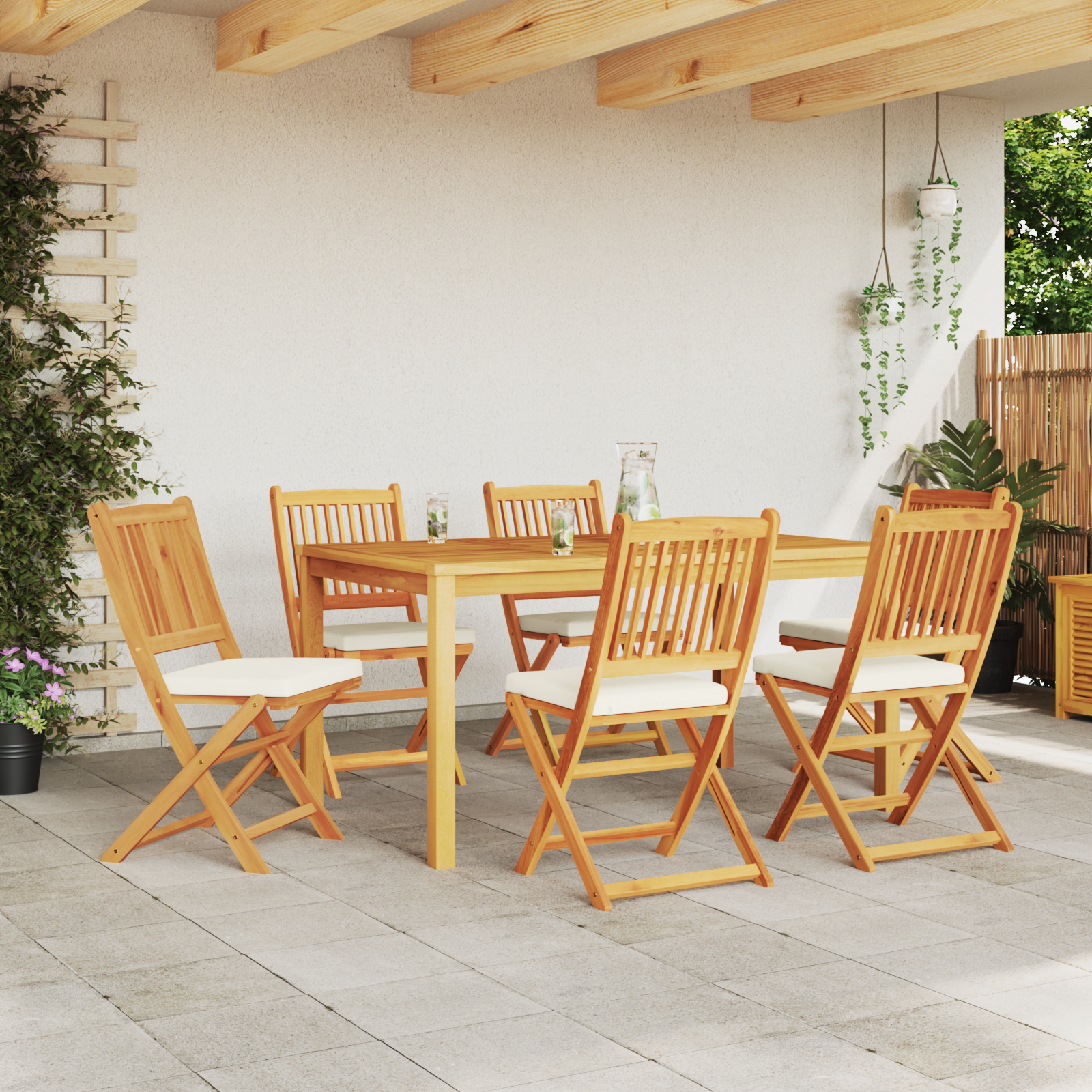 vidaXL Tuinstoelen 6 st inklapbaar witte kussens massief acaciahout
