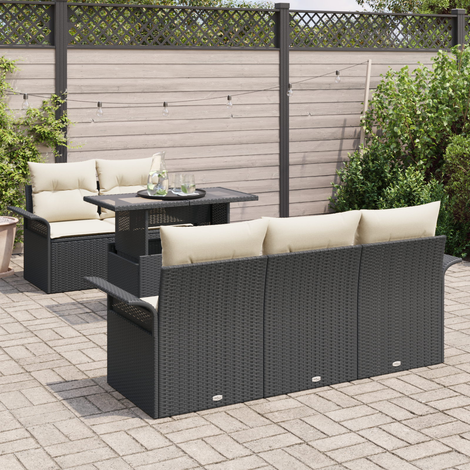 vidaXL 6-delige Tuinbankenset met kussens poly rattan zwart