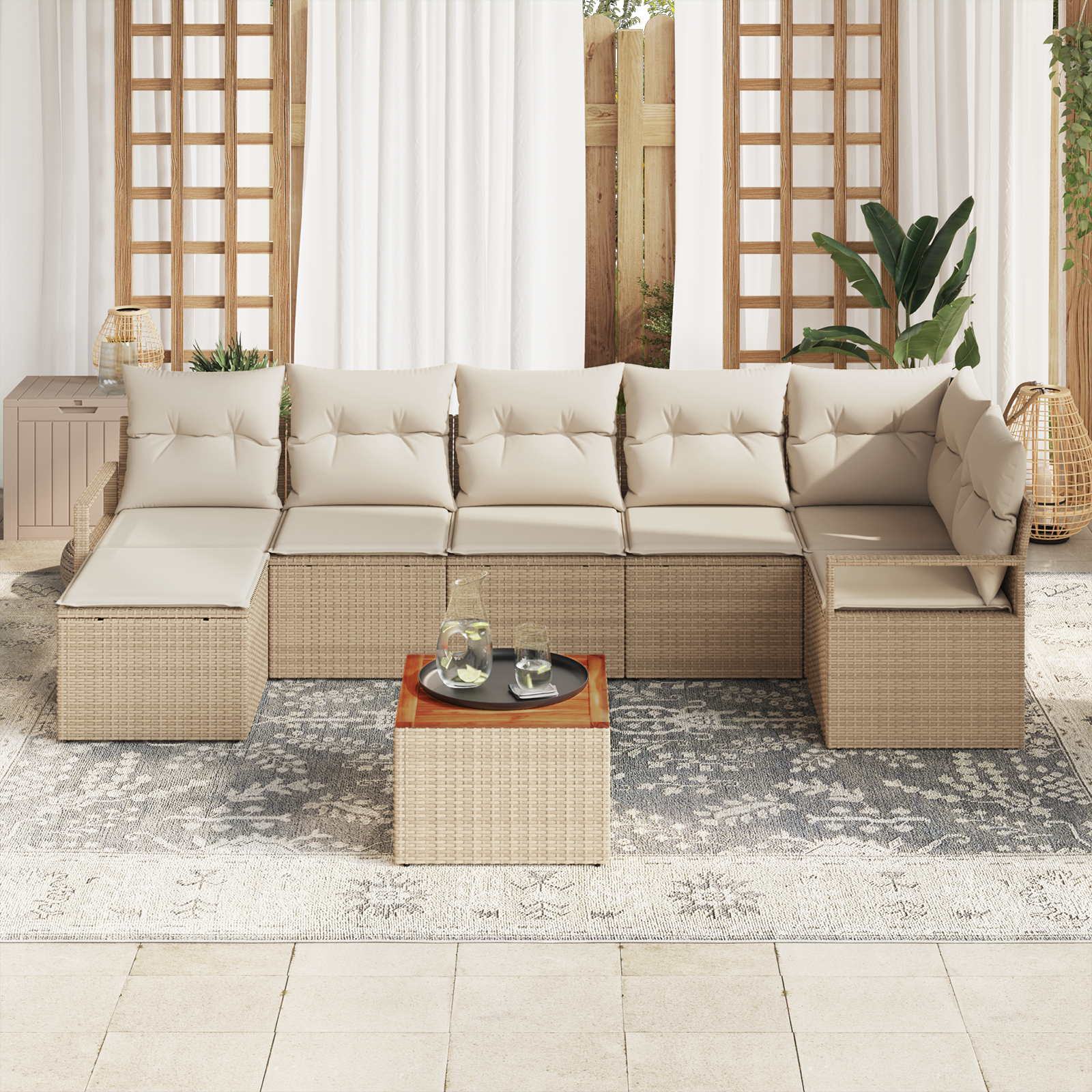 vidaXL 8-delige Tuinbankenset met kussens poly rattan acacia beige