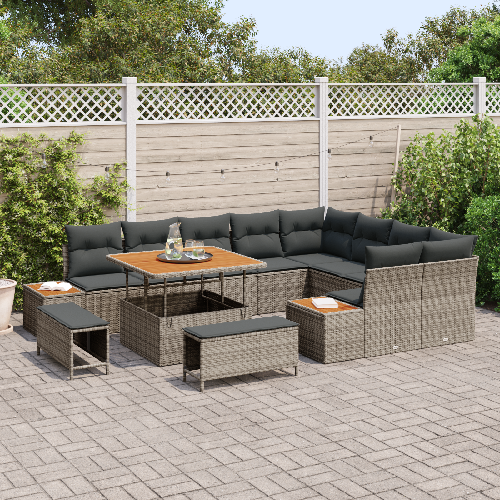 vidaXL 12-delige ligbedden set met kussens grijs poly rattan acacia