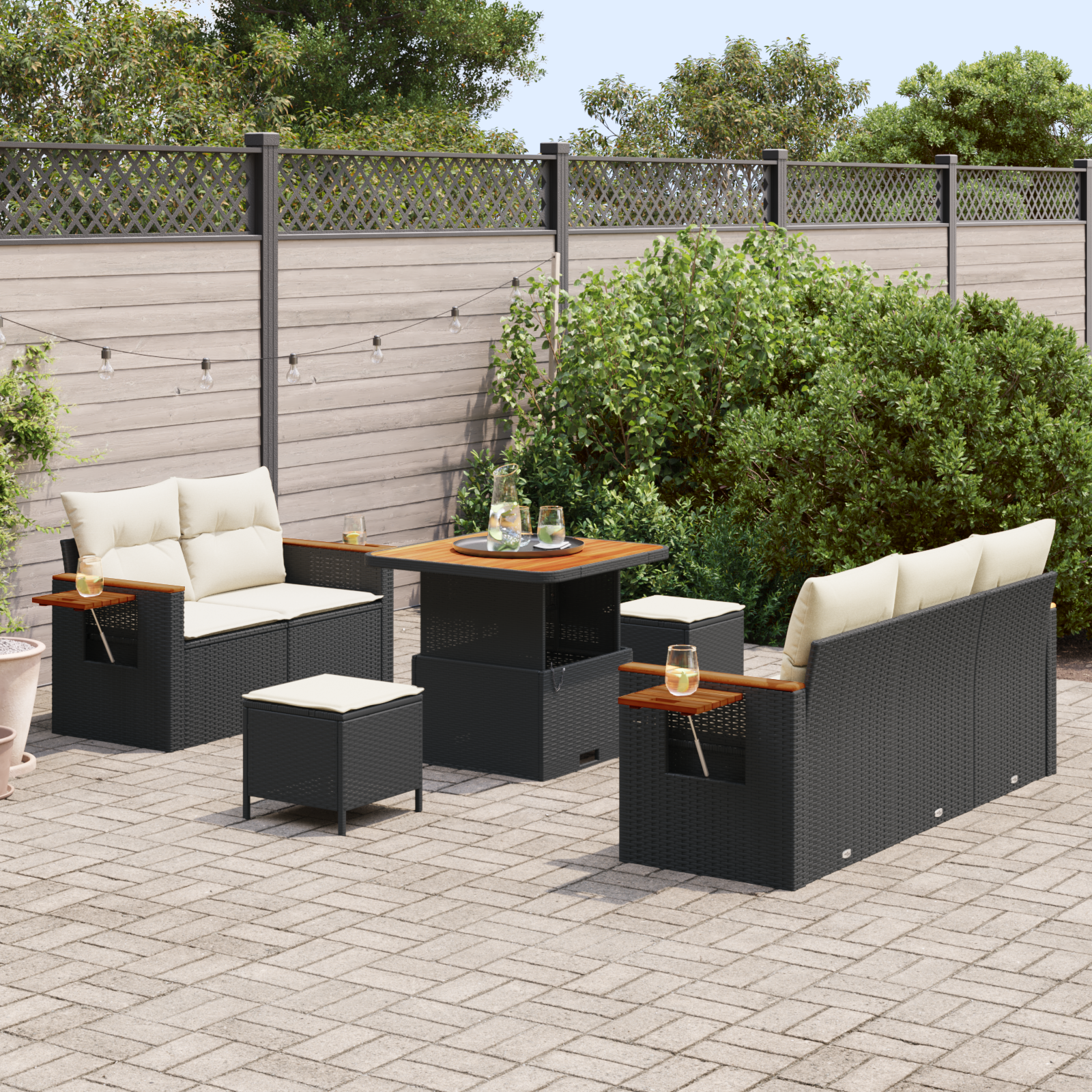 vidaXL 8-delige tuinset met kussens in zwart poly riet en acacia