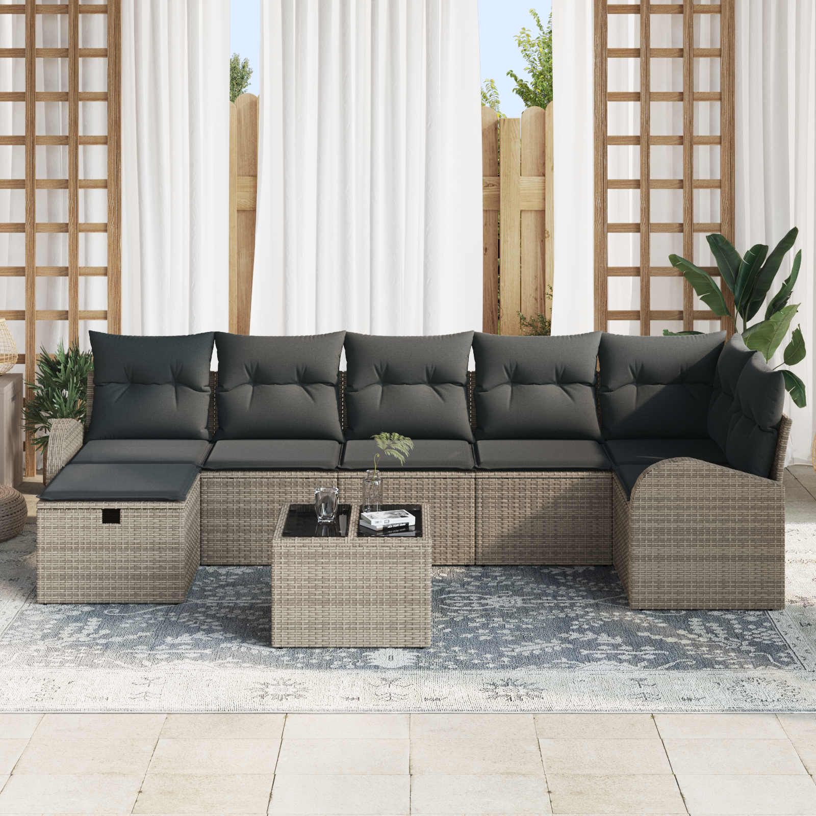 vidaXL 8-delige tuinset met kussens - Grijs Poly Rattan