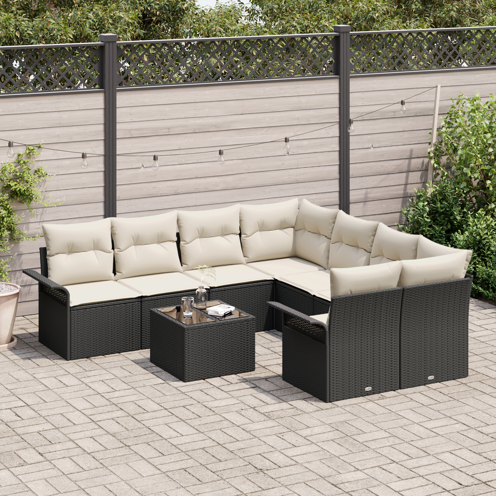 vidaXL 9-delige Tuinbankenset met kussens poly rattan zwart