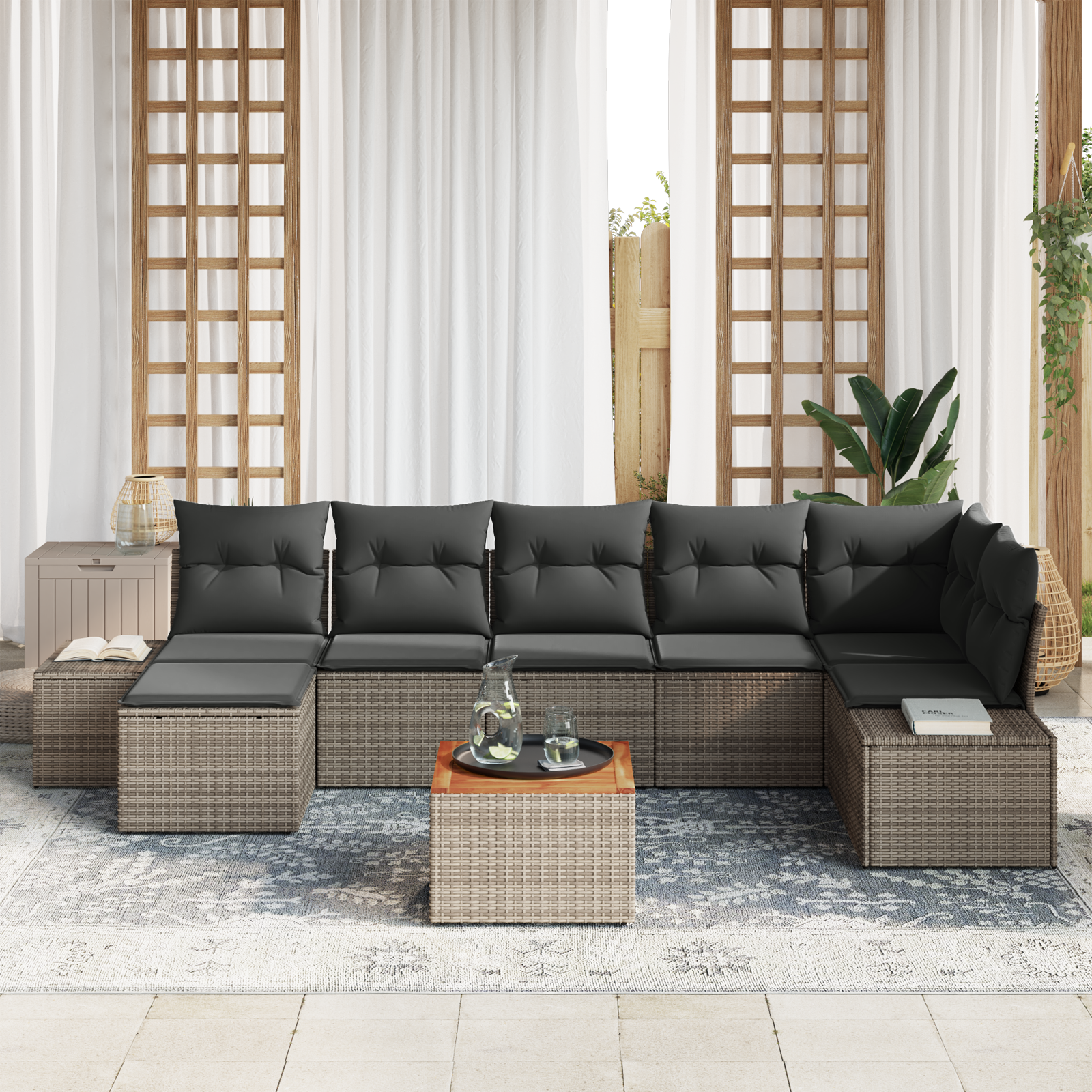 vidaXL 8-delige tuinset met kussens in grijs poly rattan en acacia