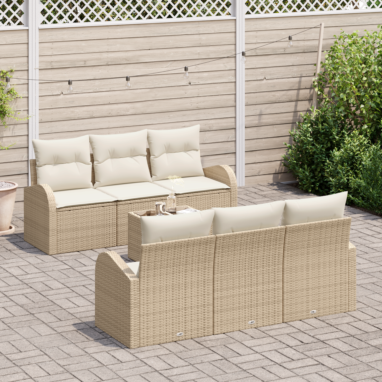 vidaXL 7-delige tuinset met kussens in beige poly rattan