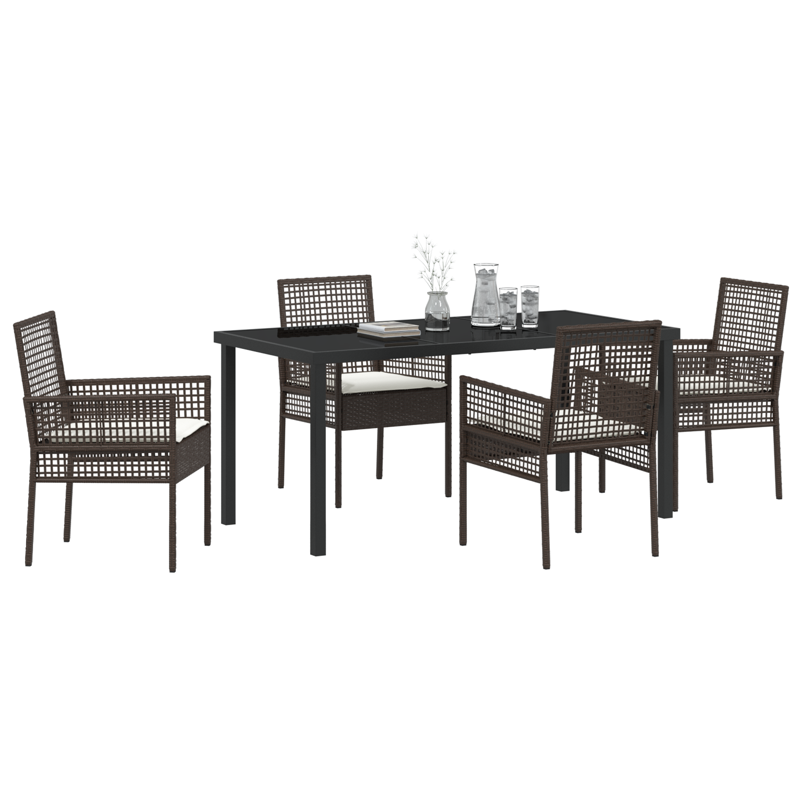 vidaXL 5-delige tuinset met eetstoelen en kussens in bruin poly rattan