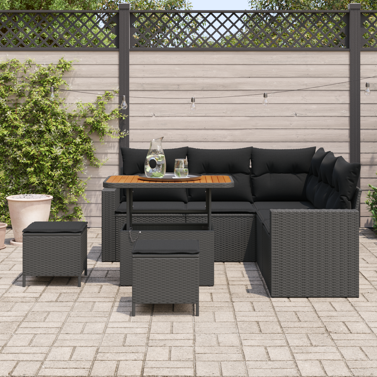 vidaXL 8-delige tuinbankset met kussens zwart poly rattan acacia