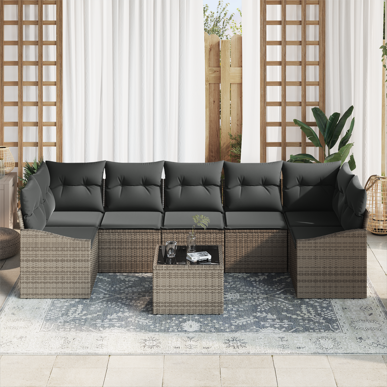 vidaXL 8-delige tuinset met kussens in grijs poly rattan