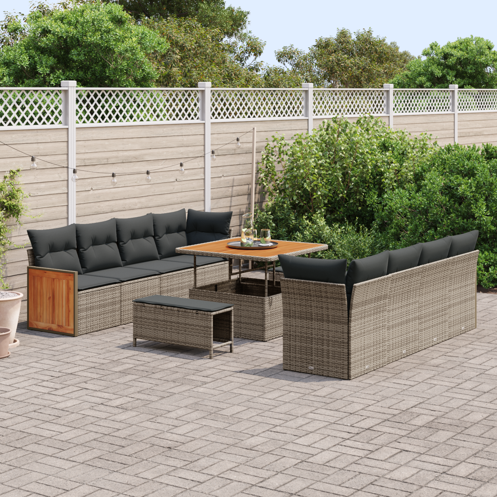 vidaXL 11-delige Tuinbankenset met kussens poly rattan acacia grijs