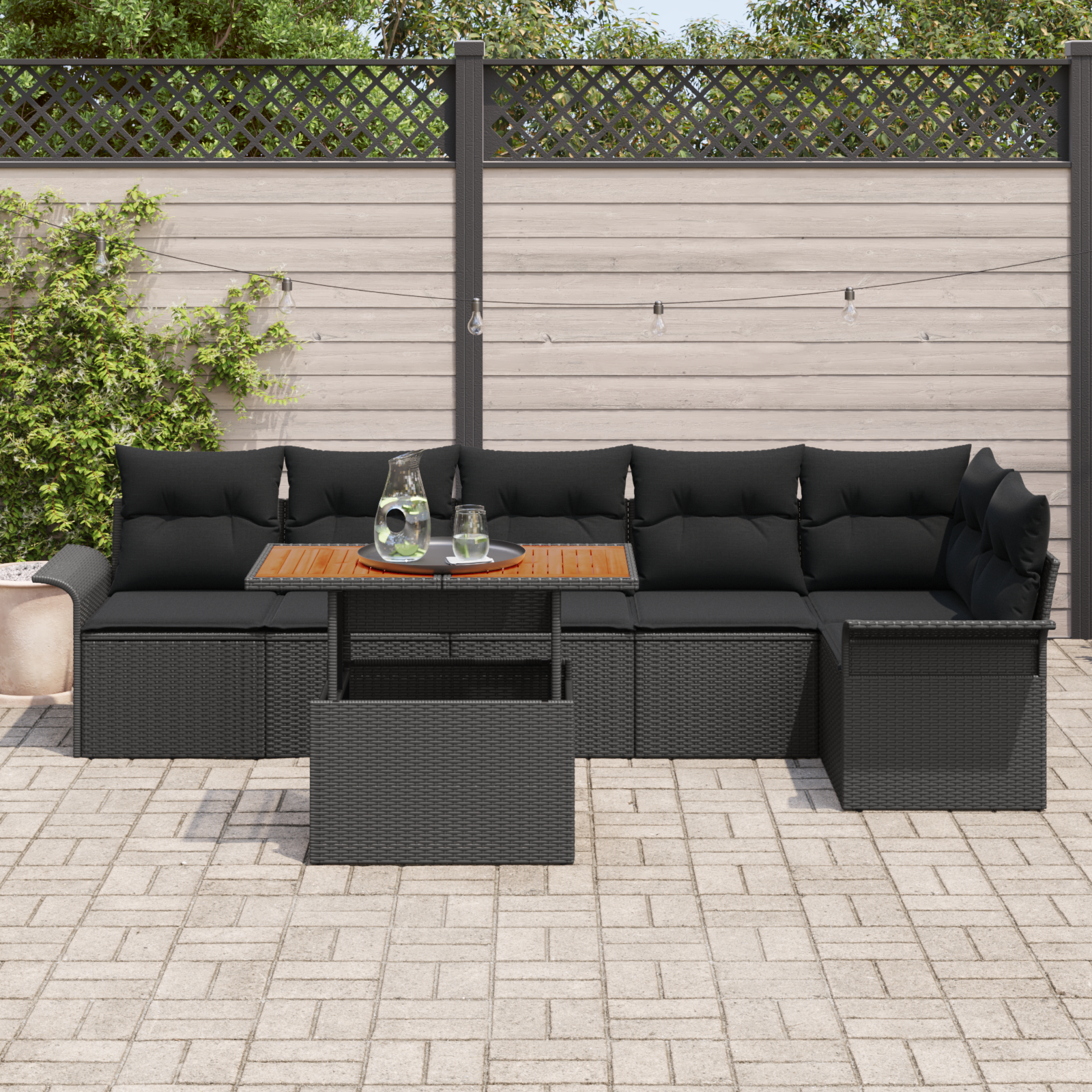 vidaXL 7-delige Tuinbankenset met kussens poly rattan zwart