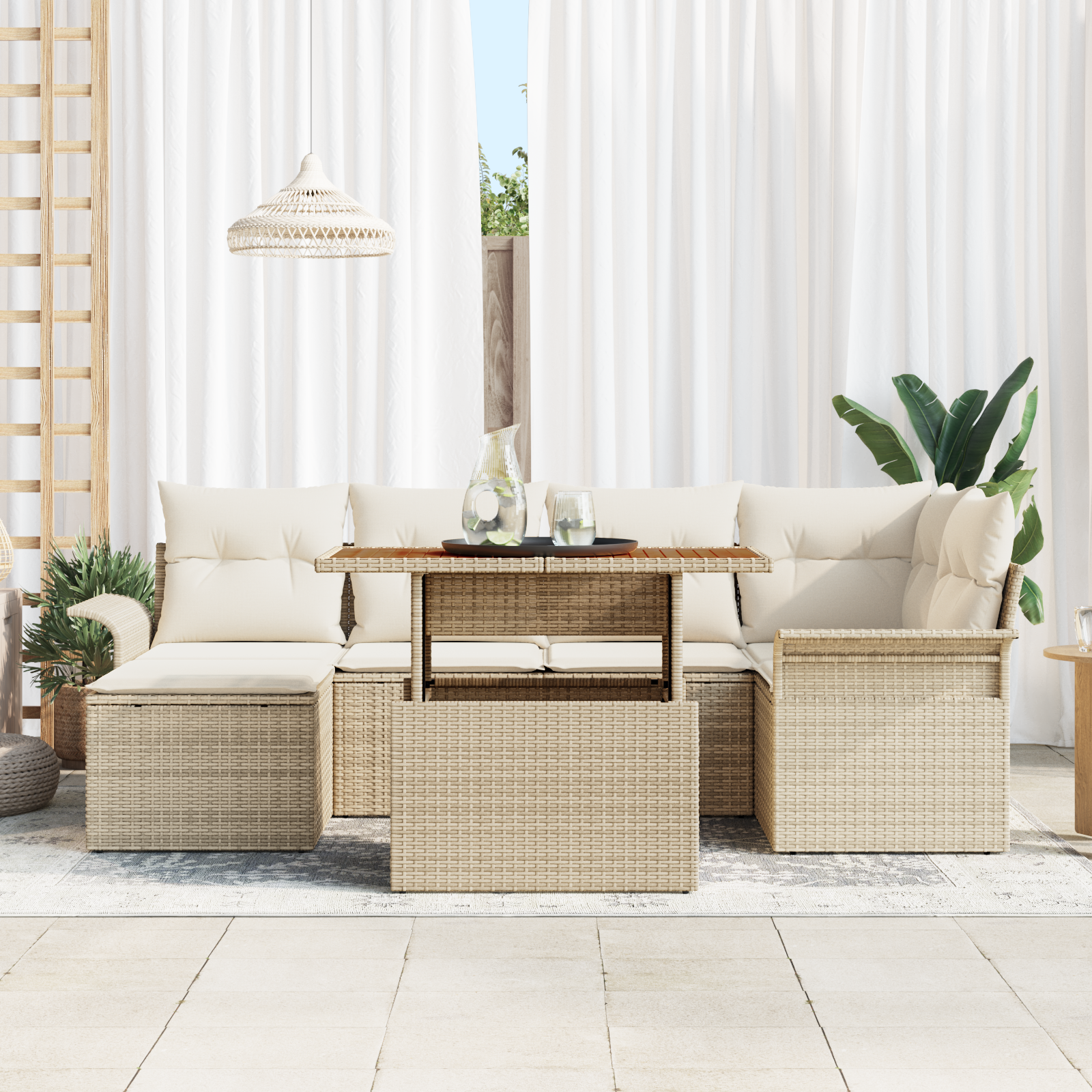 vidaXL 7-delige tuinset met kussens - Beige poly rattan en acaciahout