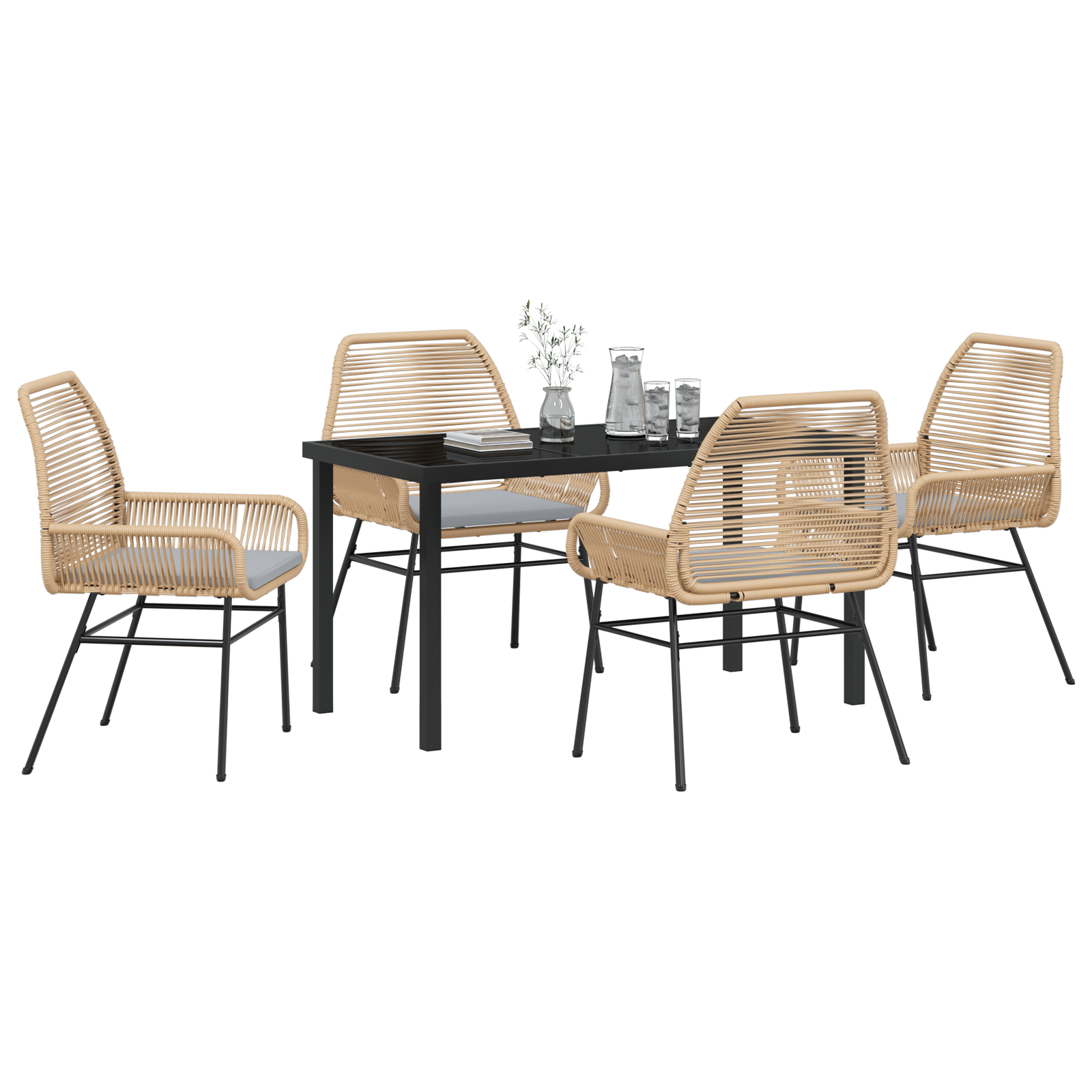 vidaXL 5-delige tuin eettafelset met kussens bruin poly rattan