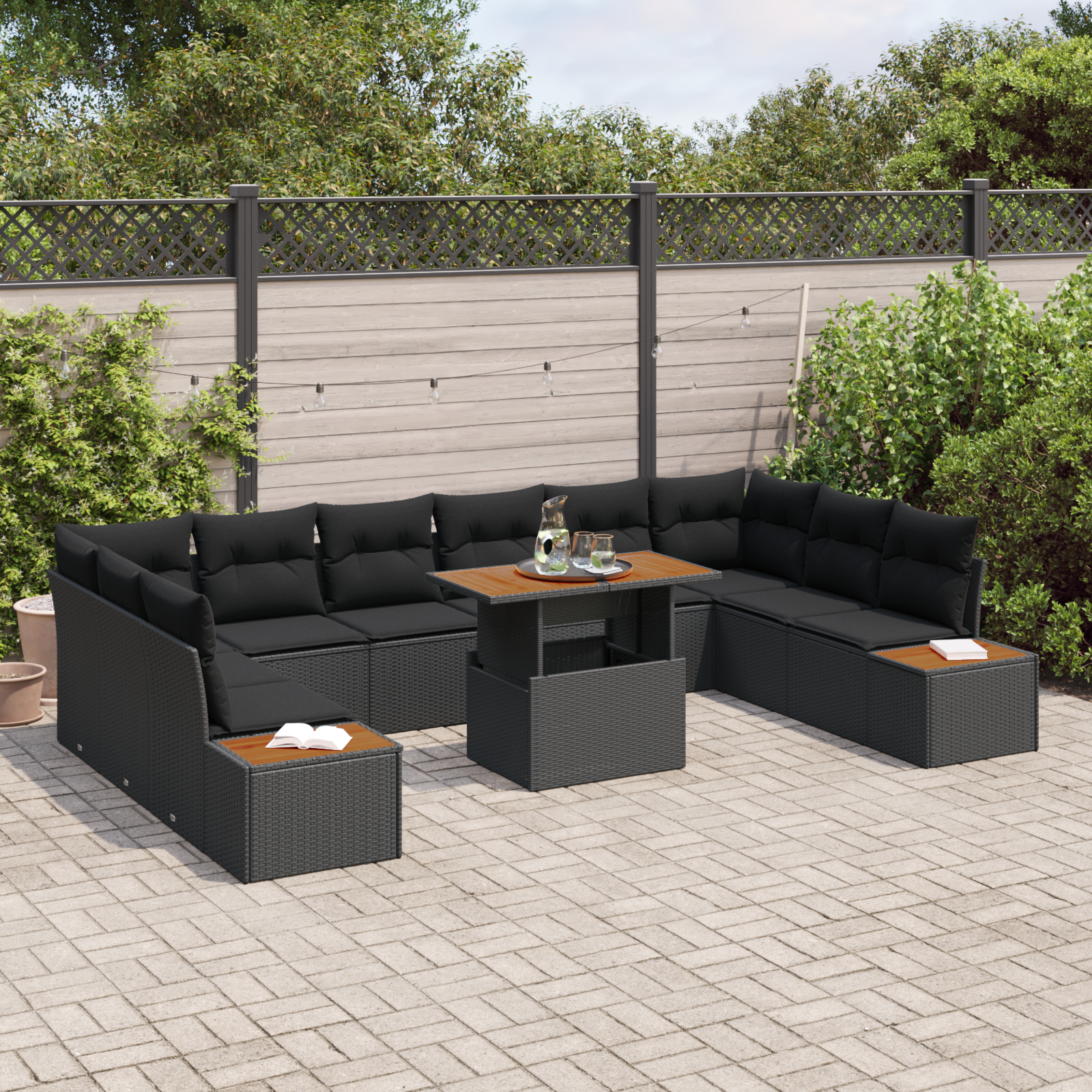 vidaXL 11-delige tuinset met kussens in zwart poly rattan