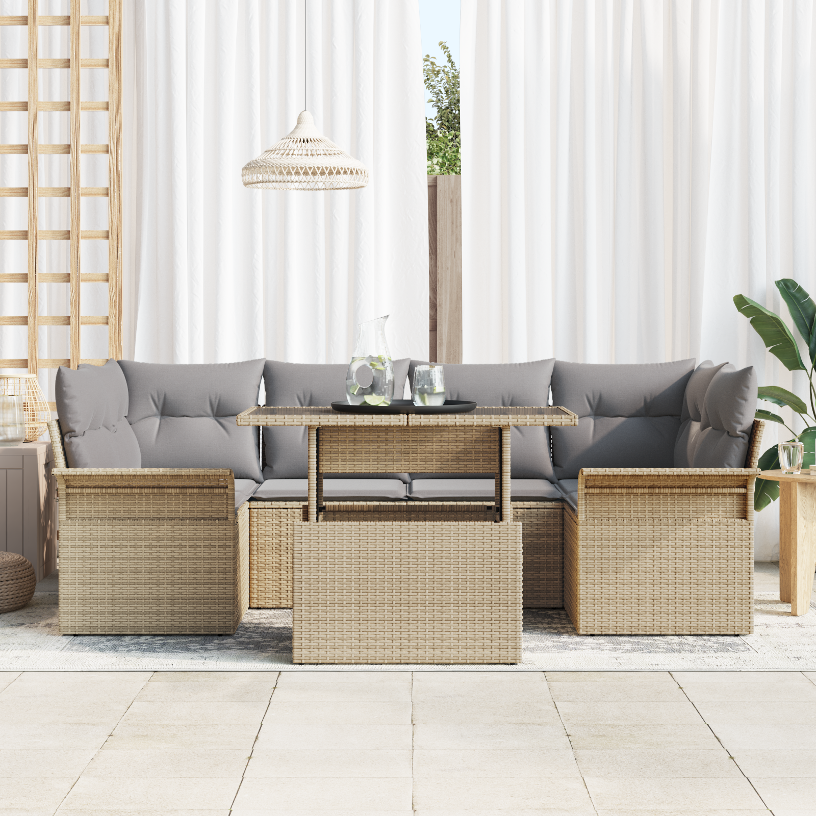 vidaXL 7-delige Tuinbankenset met kussens poly rattan beige