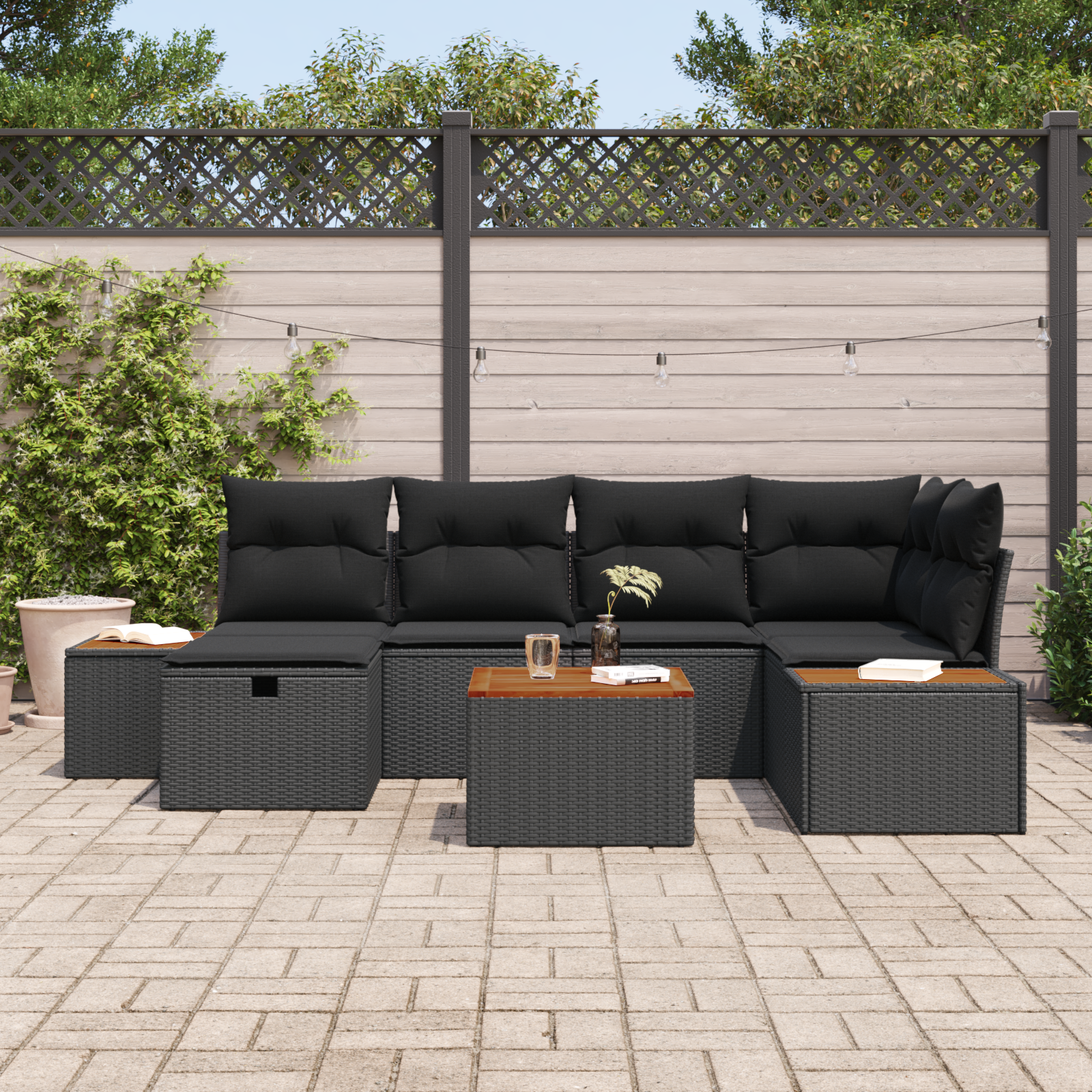 vidaXL 7-delige tuinset met kussens zwart poly rattan