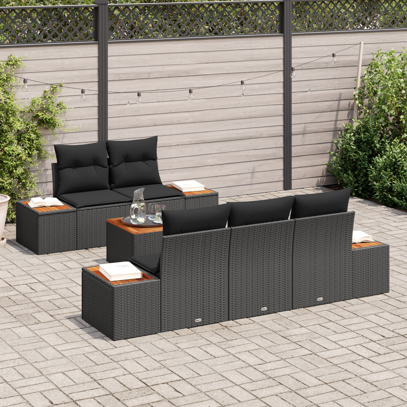vidaXL 6-delige lounge set met kussens zwart poly rattan acacia