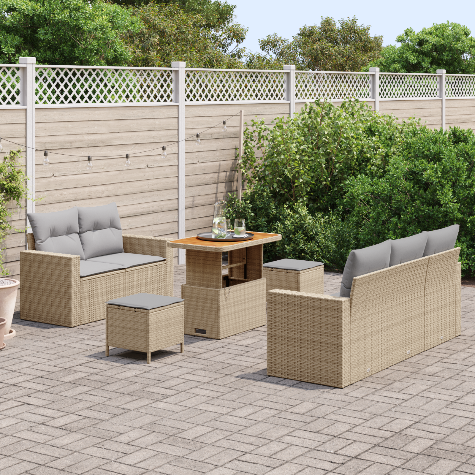 vidaXL 8-delige tuinsofa set met kussens in beige van poly rattan en acacia