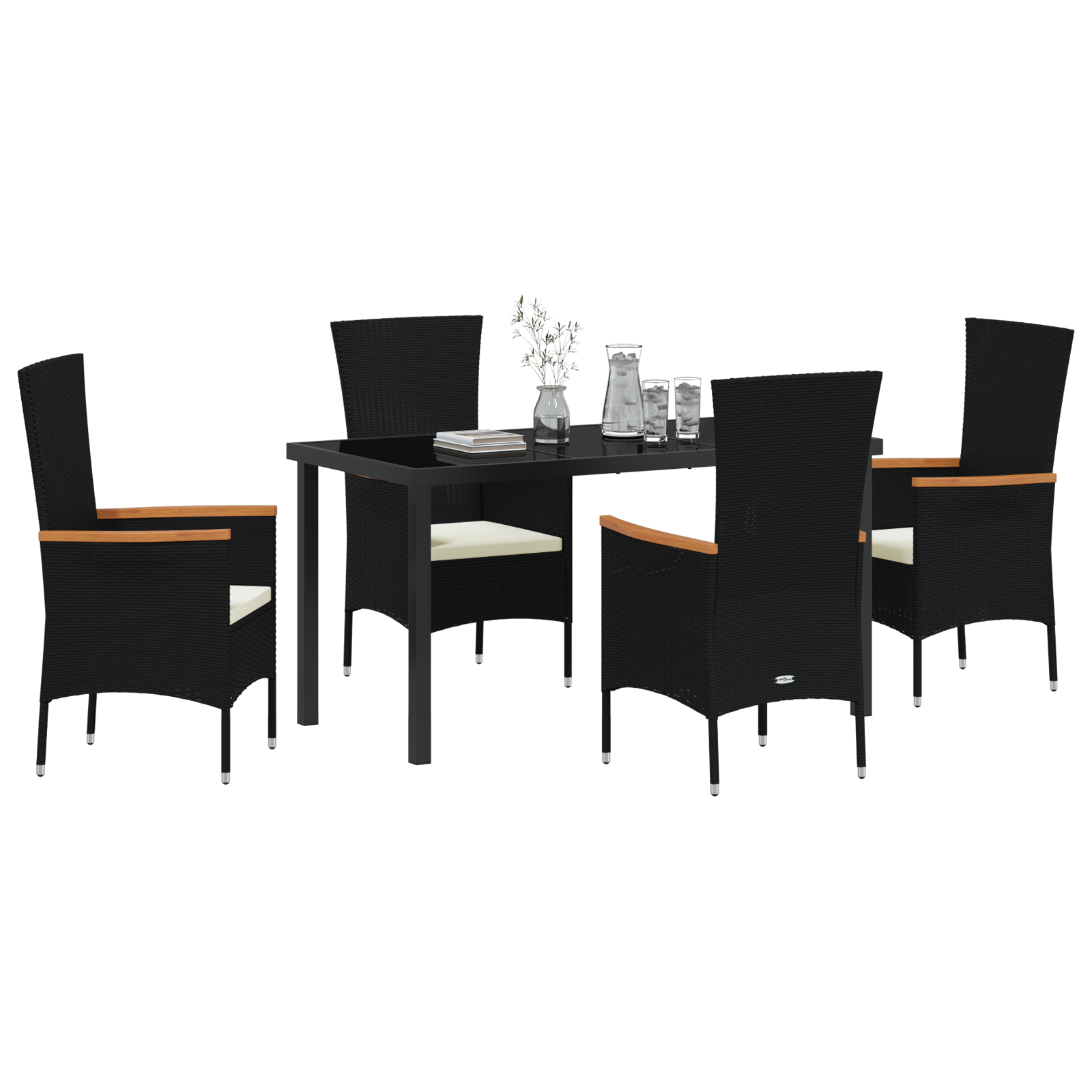vidaXL 5-delige Set Tuin Eettafel met Kussens Zwart Poly Rattan