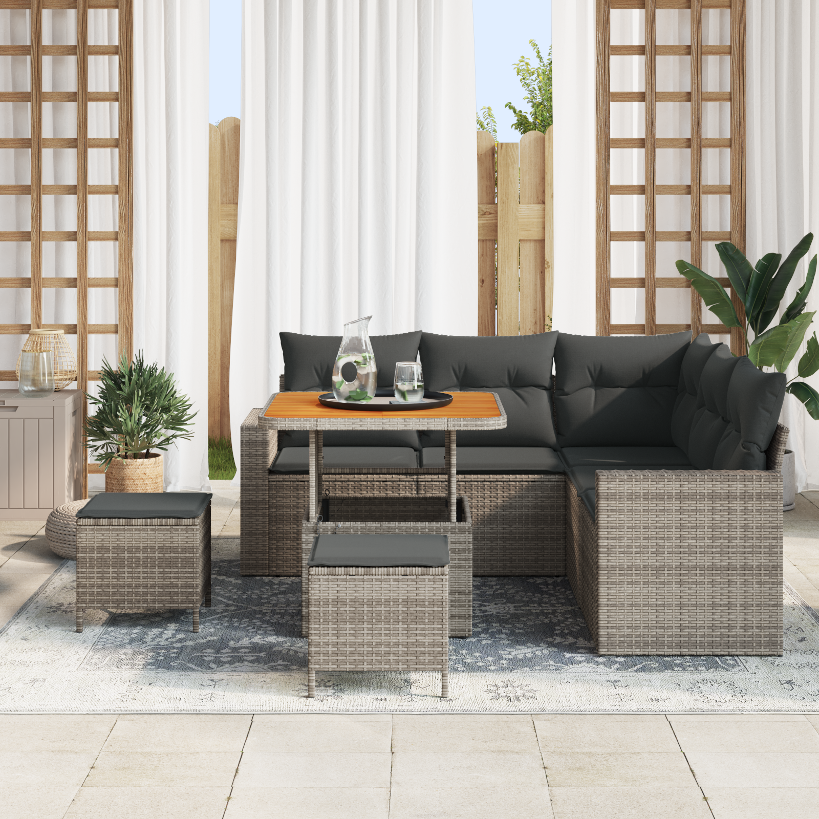 vidaXL 8-delige tuinset met kussens in het grijs van poly rattan en acacia