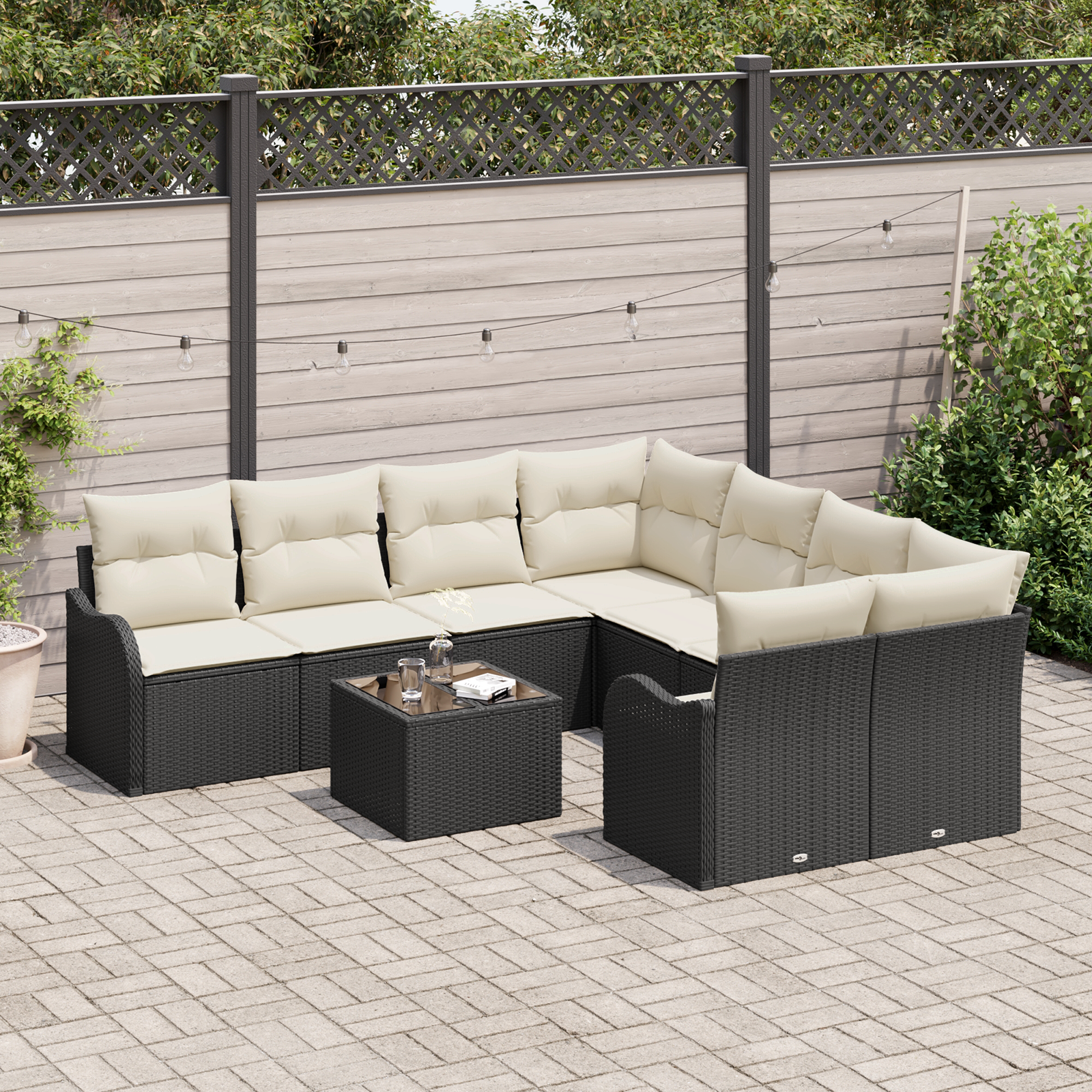 vidaXL 9-delige tuinbankset met kussens zwart poly rattan