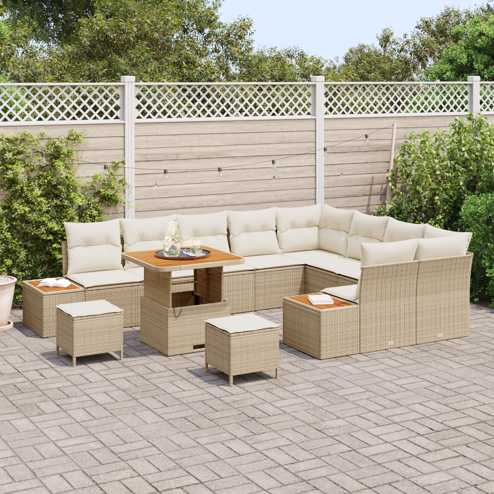 vidaXL 12-delige tuinbank set met kussens in beige poly rattan en acacia