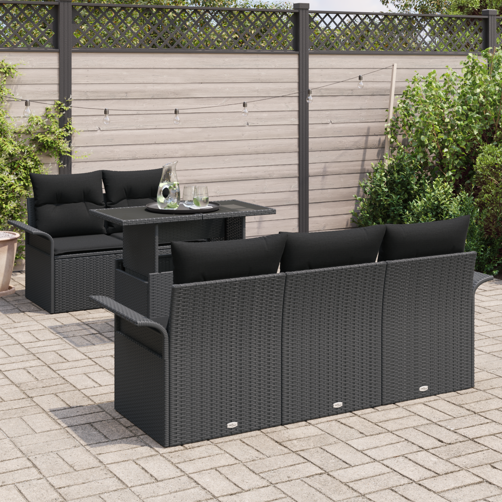 vidaXL 6-delige Tuinbankenset met kussens poly rattan zwart