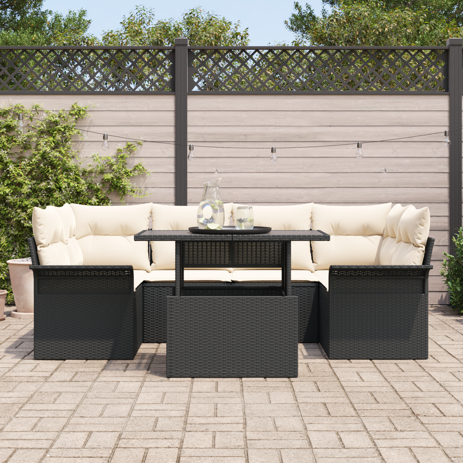 vidaXL 7-delige Tuinbankenset met kussens poly rattan zwart