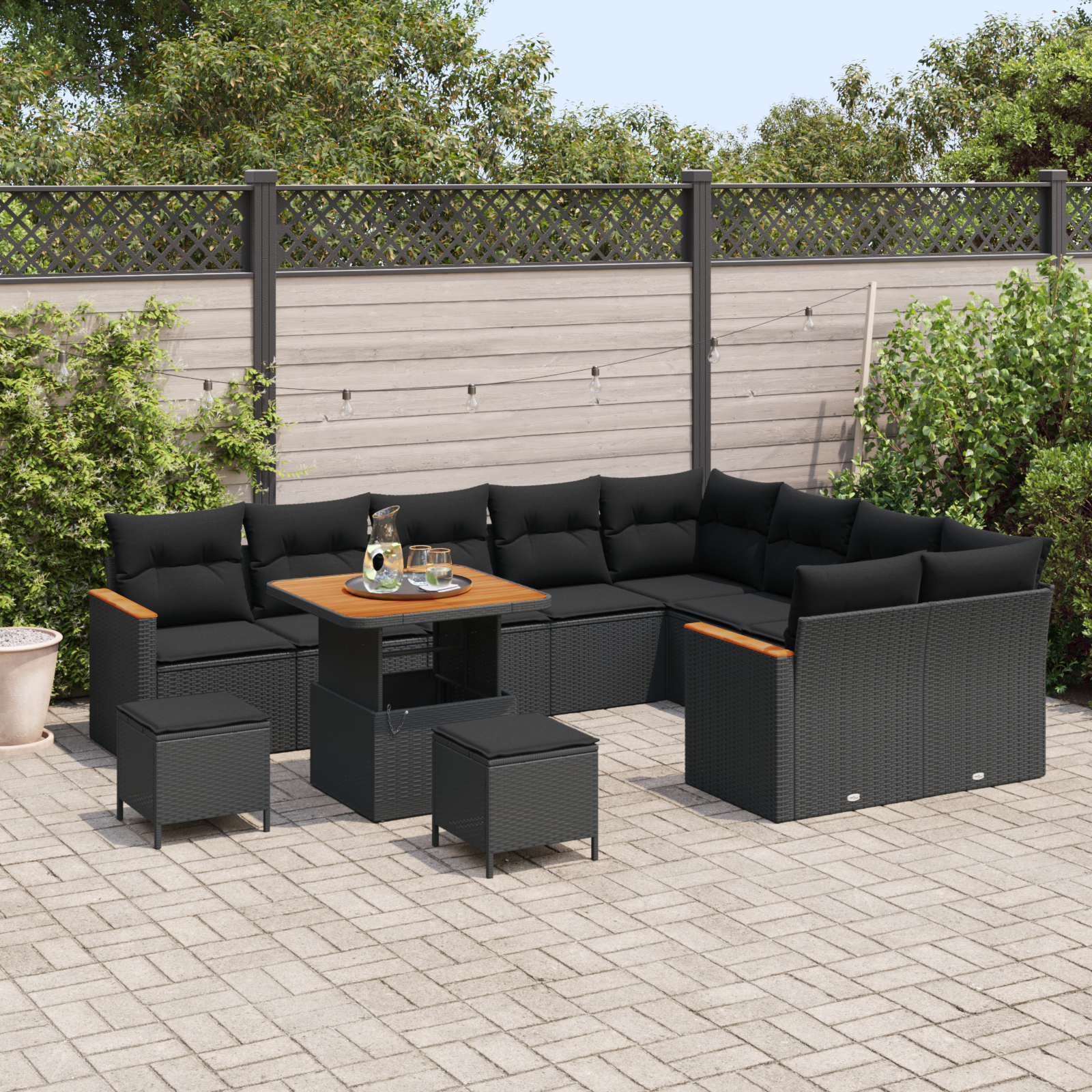 vidaXL 12-delige Tuinbankenset met kussens poly rattan acacia zwart