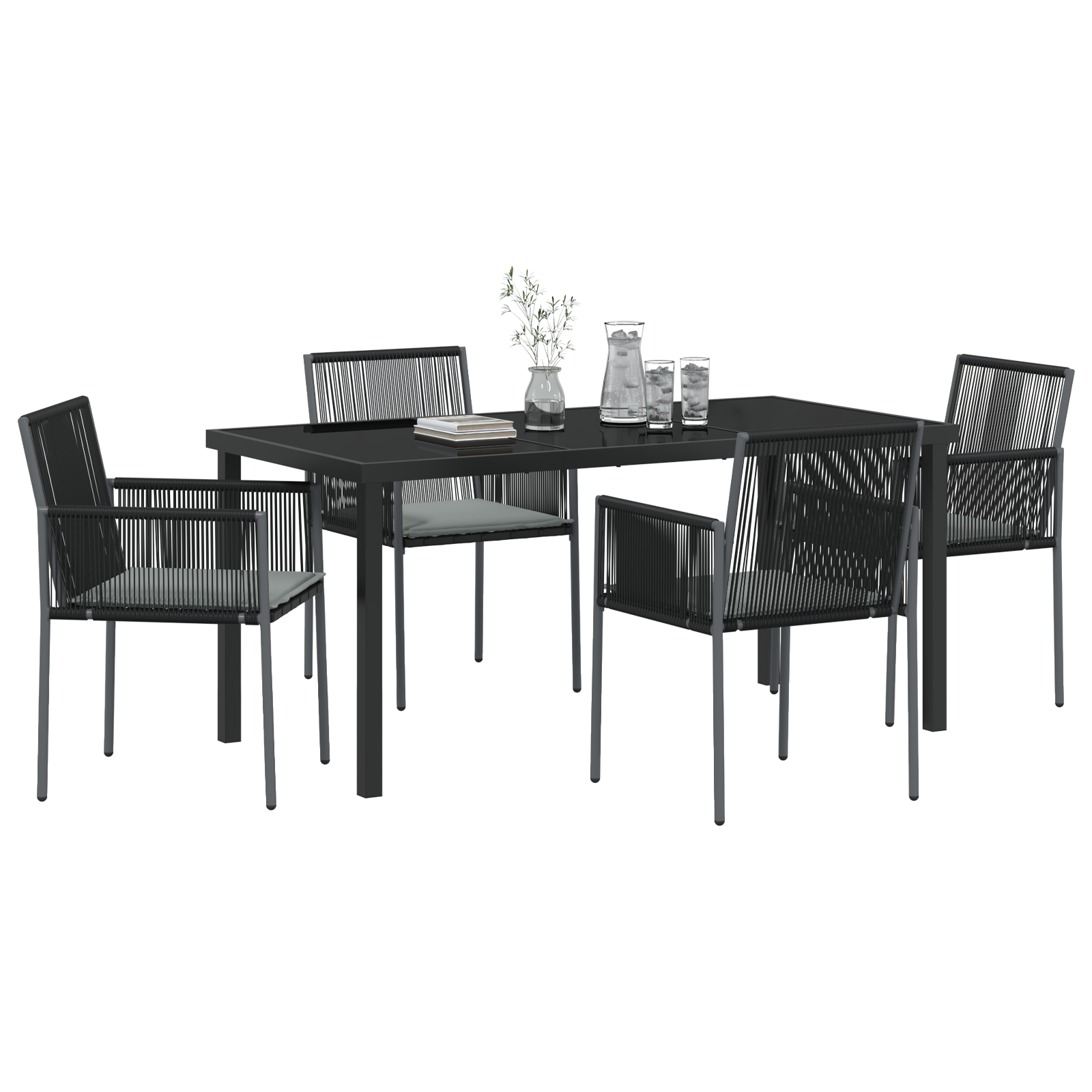 vidaXL 5-delige eetset voor in de tuin met kussens, zwart poly rattan