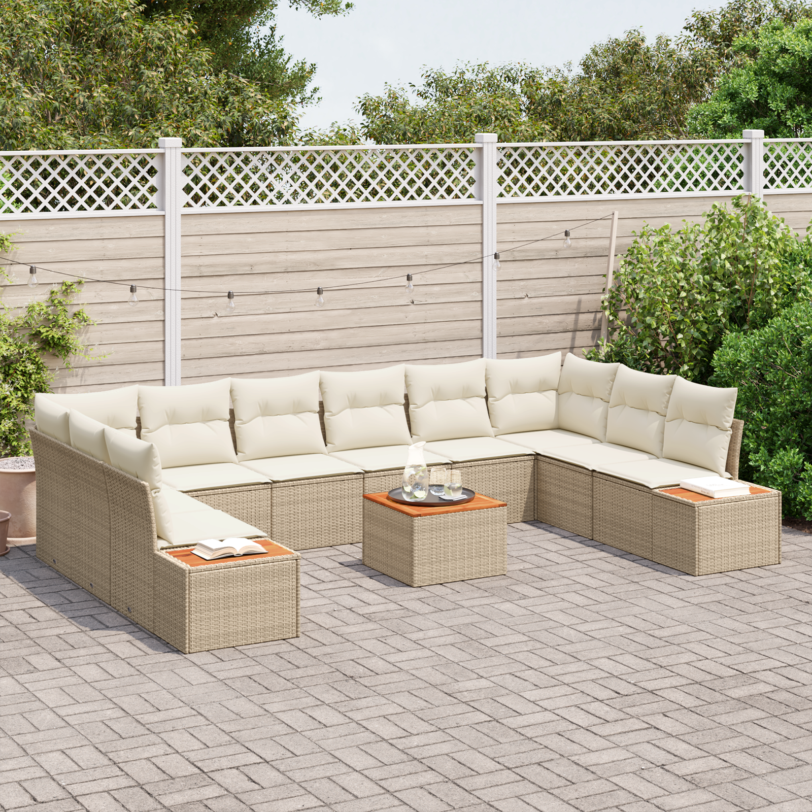 vidaXL 11-delige tuinsofa set met kussens in beige poly rattan en acacia