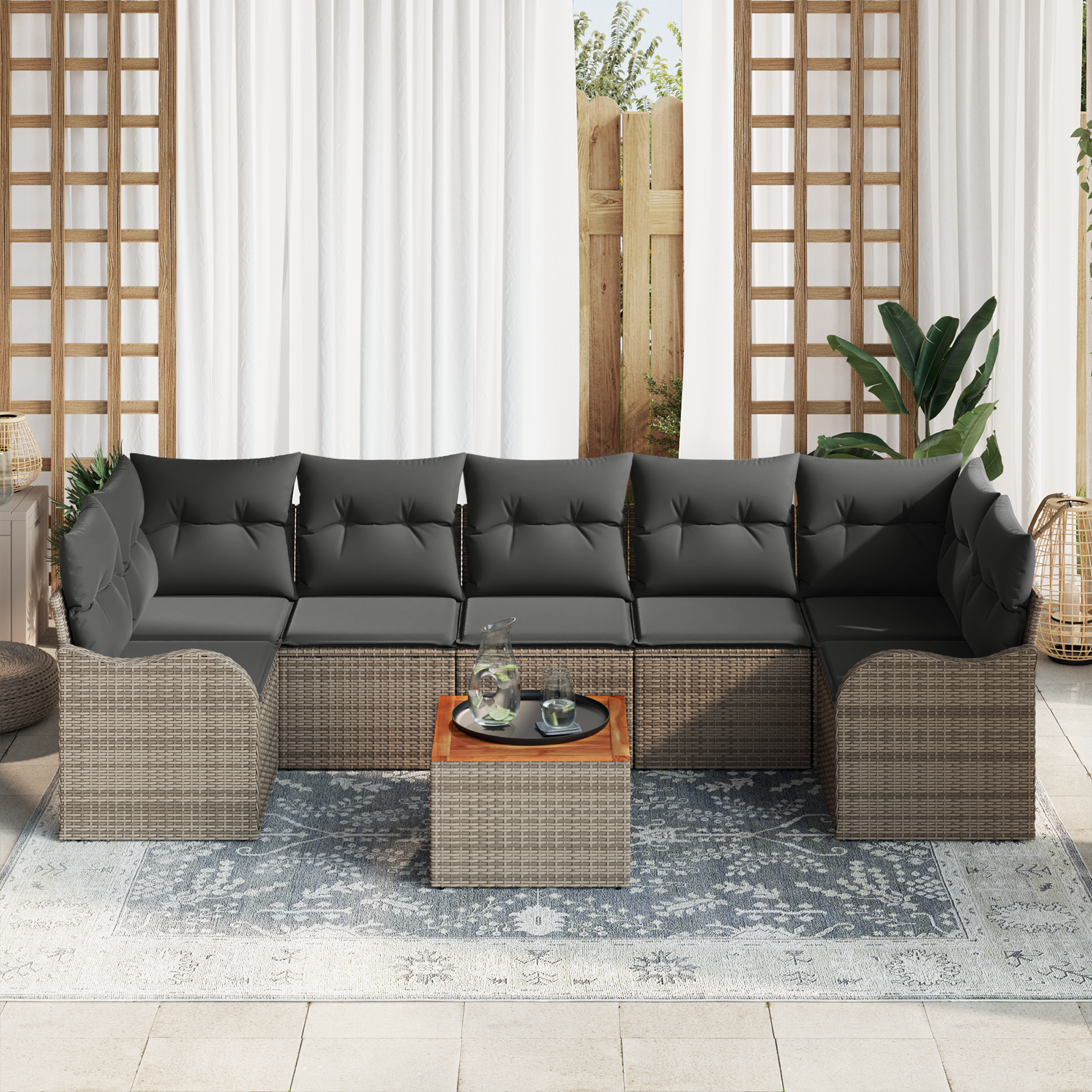 vidaXL 8-delige tuinset met kussens grijs poly rattan acacia