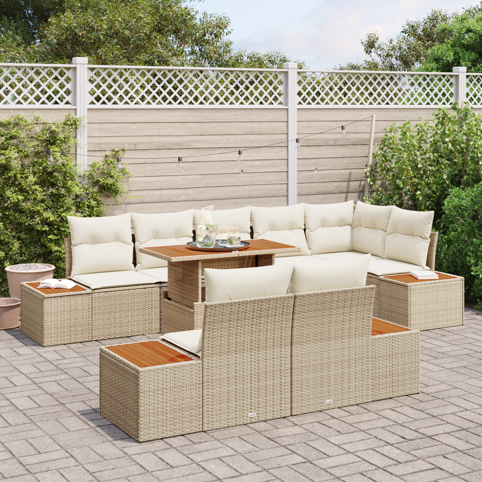 vidaXL 9-delige Tuinset met kussens poly rattan acaciahout beige
