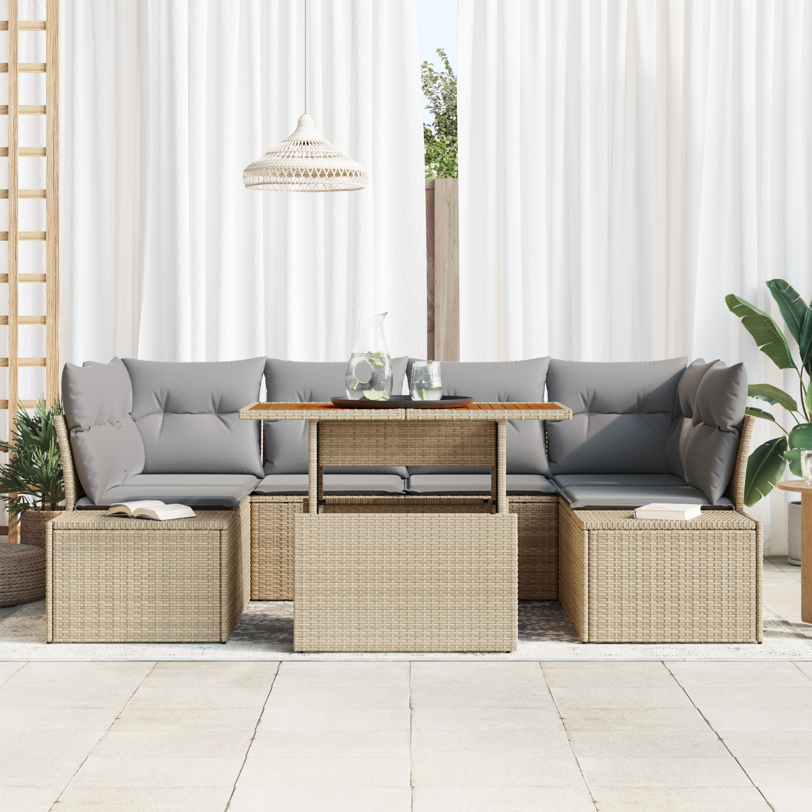vidaXL 7-delige Tuinset met kussens poly rattan acaciahout beige