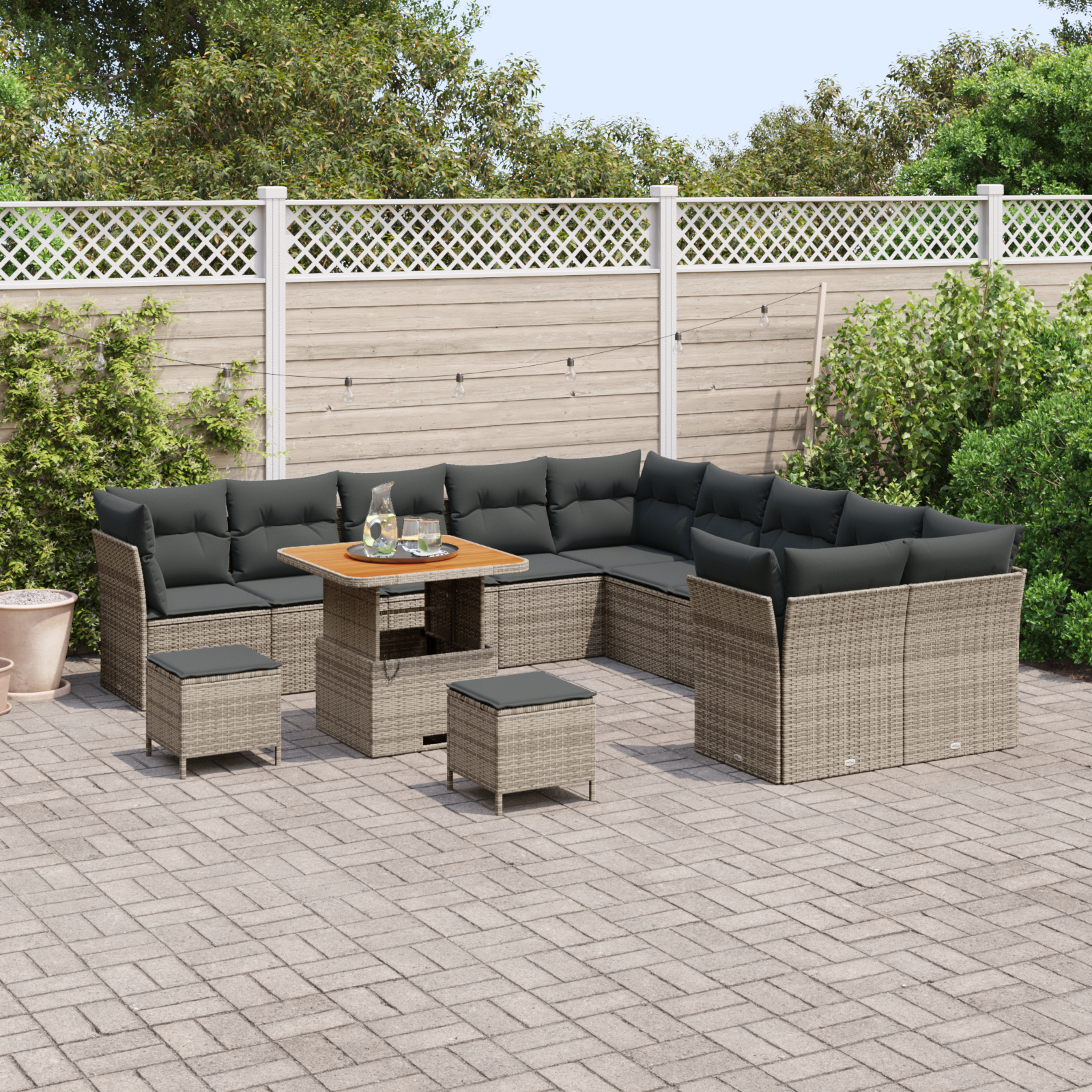 vidaXL 13-delige Tuinbankenset met kussens poly rattan acacia grijs