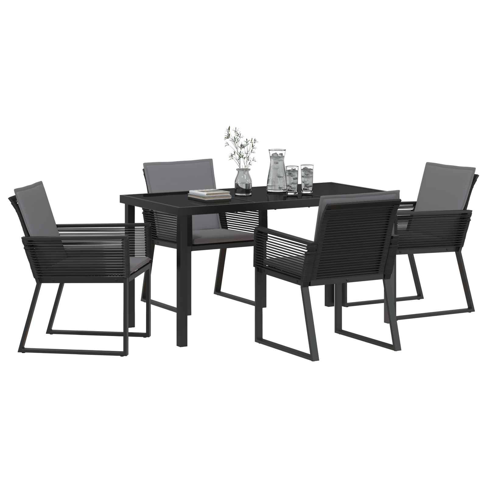 vidaXL 5-delige tuin eetset met kussens Zwart Poly Rattan