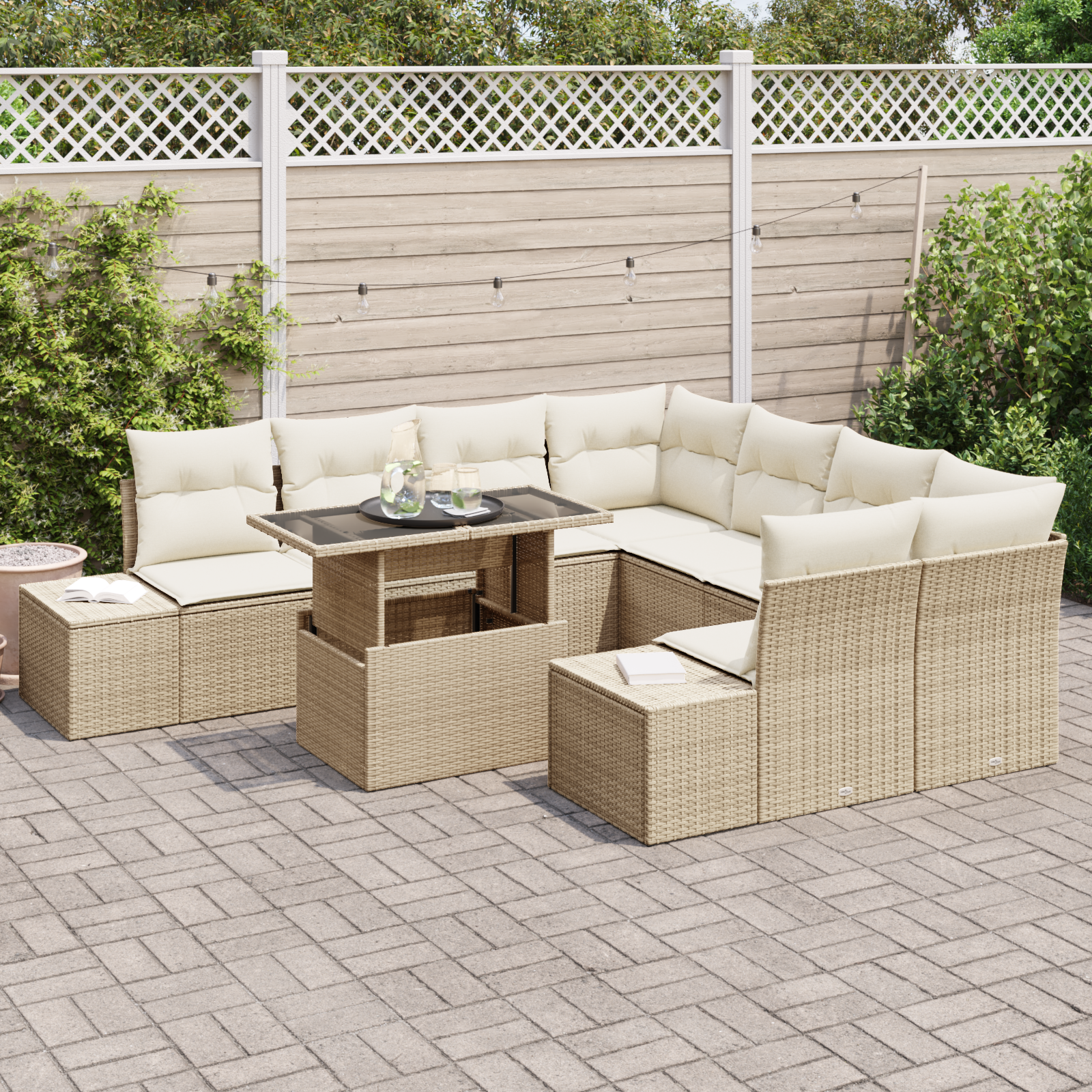 vidaXL 9-delige Tuinbankenset met kussens poly rattan beige