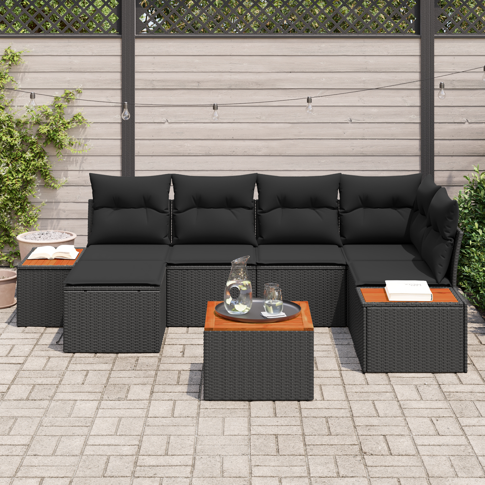vidaXL 7-delige tuinset met kussens zwart poly rattan acacia