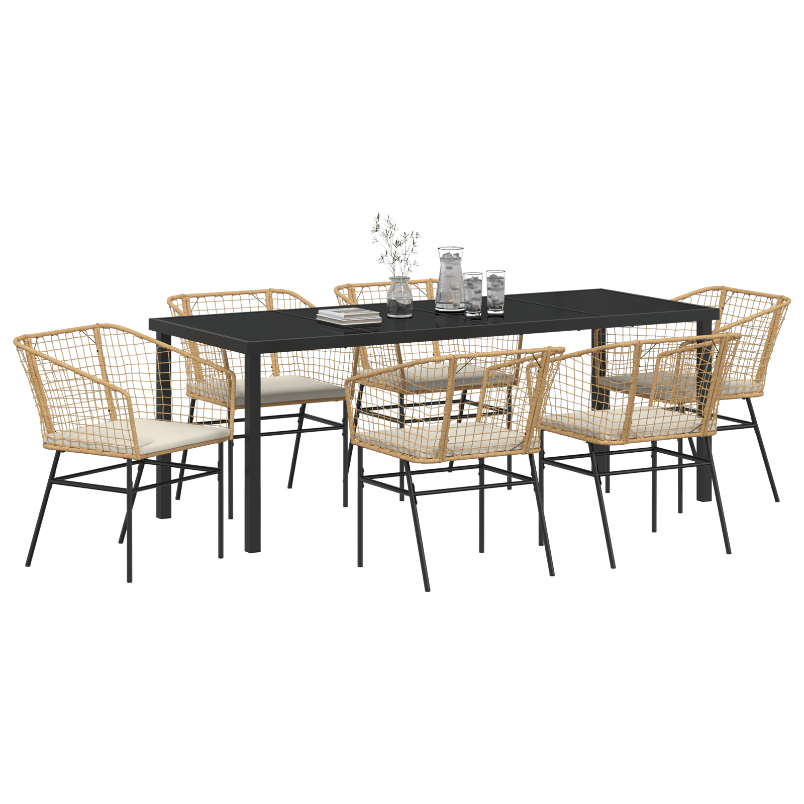 vidaXL 7-delige tuintafelset met kussens Bruin Poly Rattan