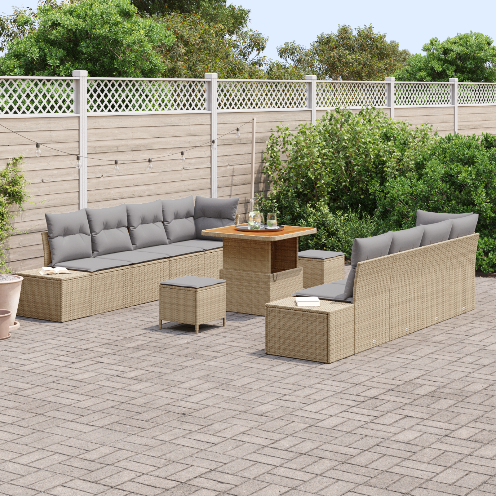 vidaXL 11-delige tuinset met kussens in beige, van poly rattan en acacia