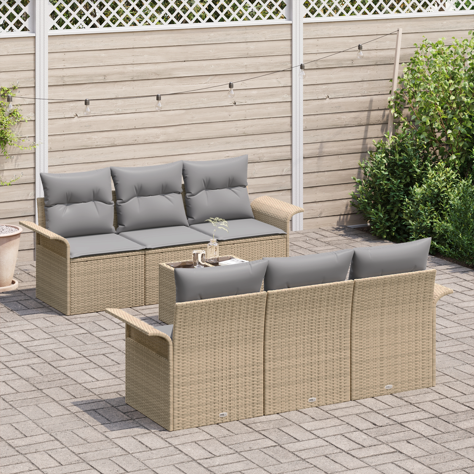 vidaXL 7-delige Tuinbankenset met kussens poly rattan beige