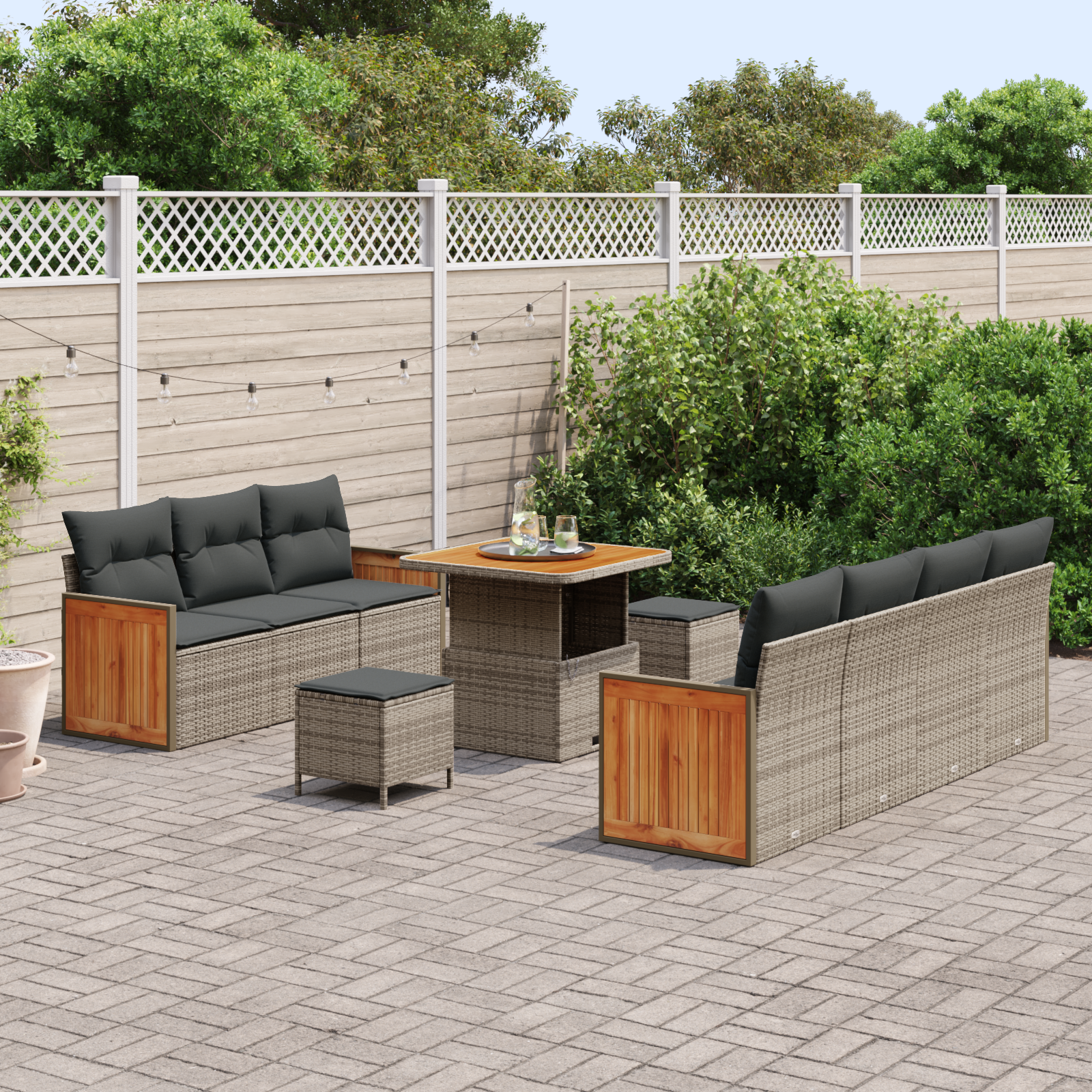 vidaXL 10-delige Tuinbankenset met kussens poly rattan acacia grijs