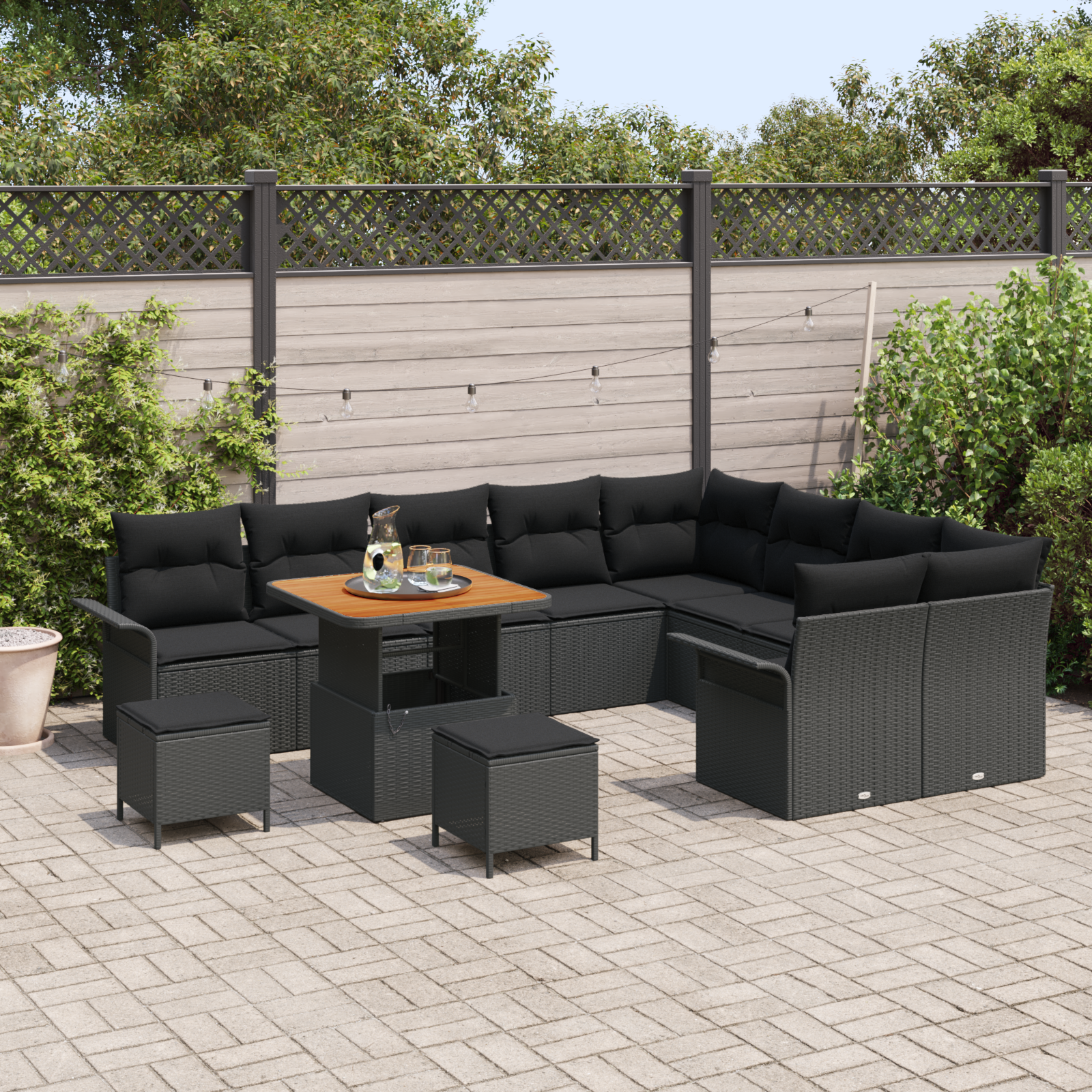 vidaXL 12-delige tuinset met kussens - Zwart Poly Rattan Acacia
