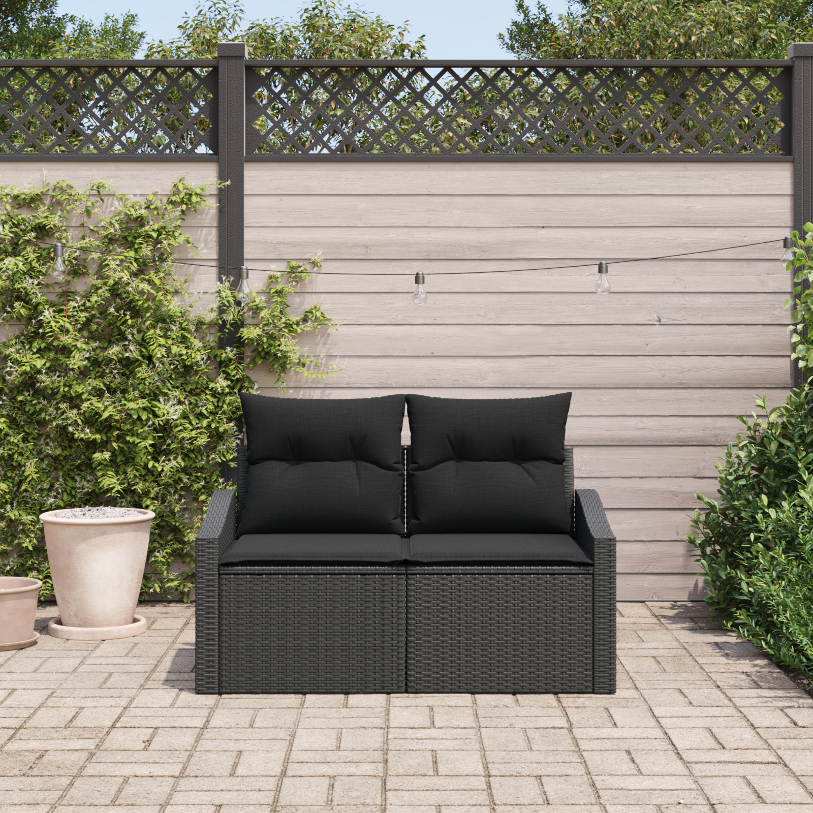 vidaXL Tuinbank 2-zits met kussens poly rattan zwart