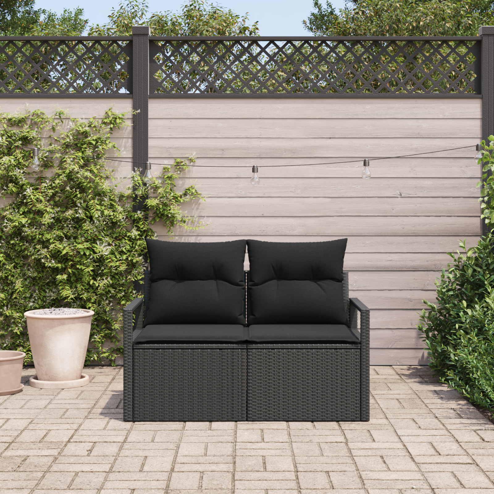 vidaXL Tuinbank 2-zits met kussens poly rattan zwart
