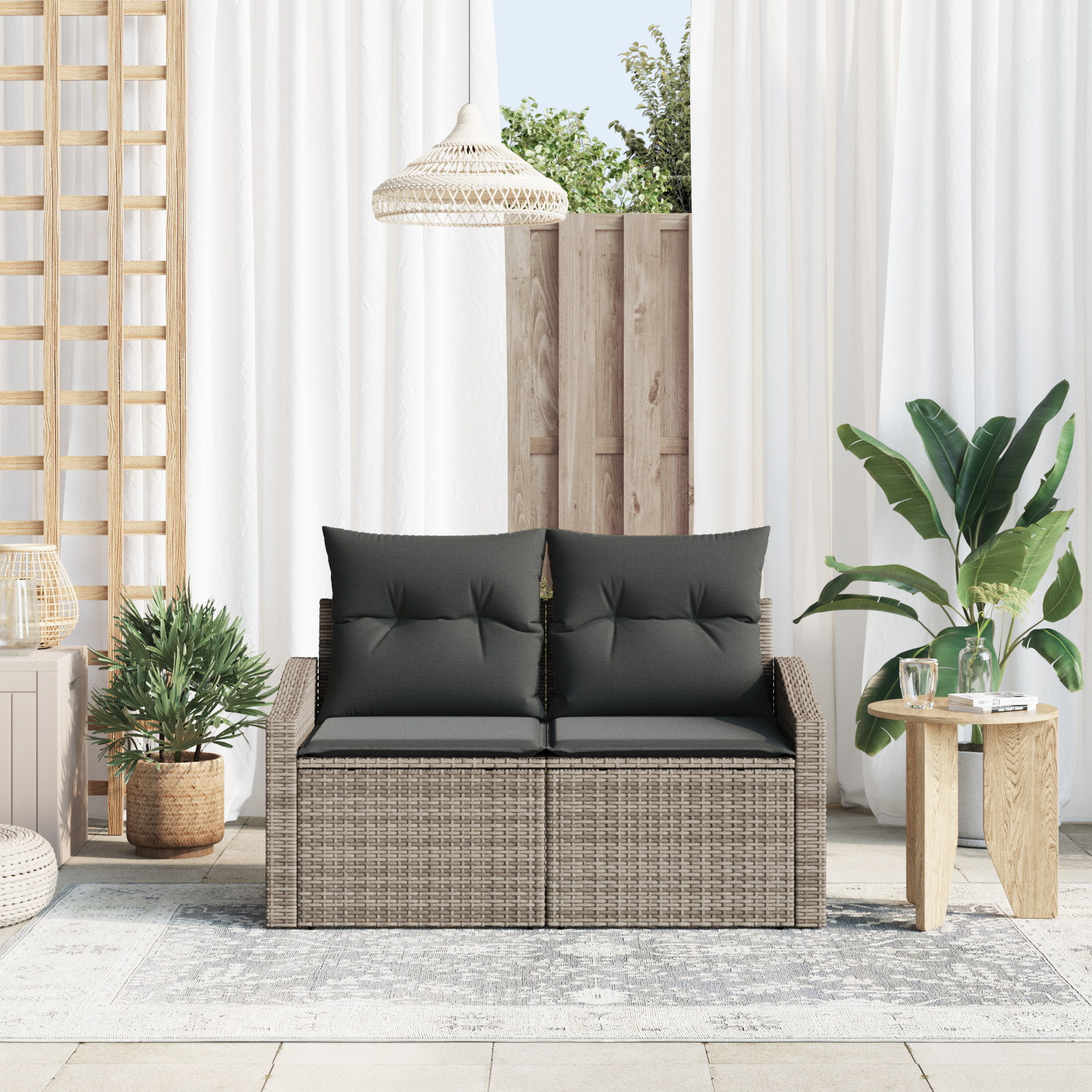 vidaXL Tuinbank 2-zits met kussens poly rattan grijs