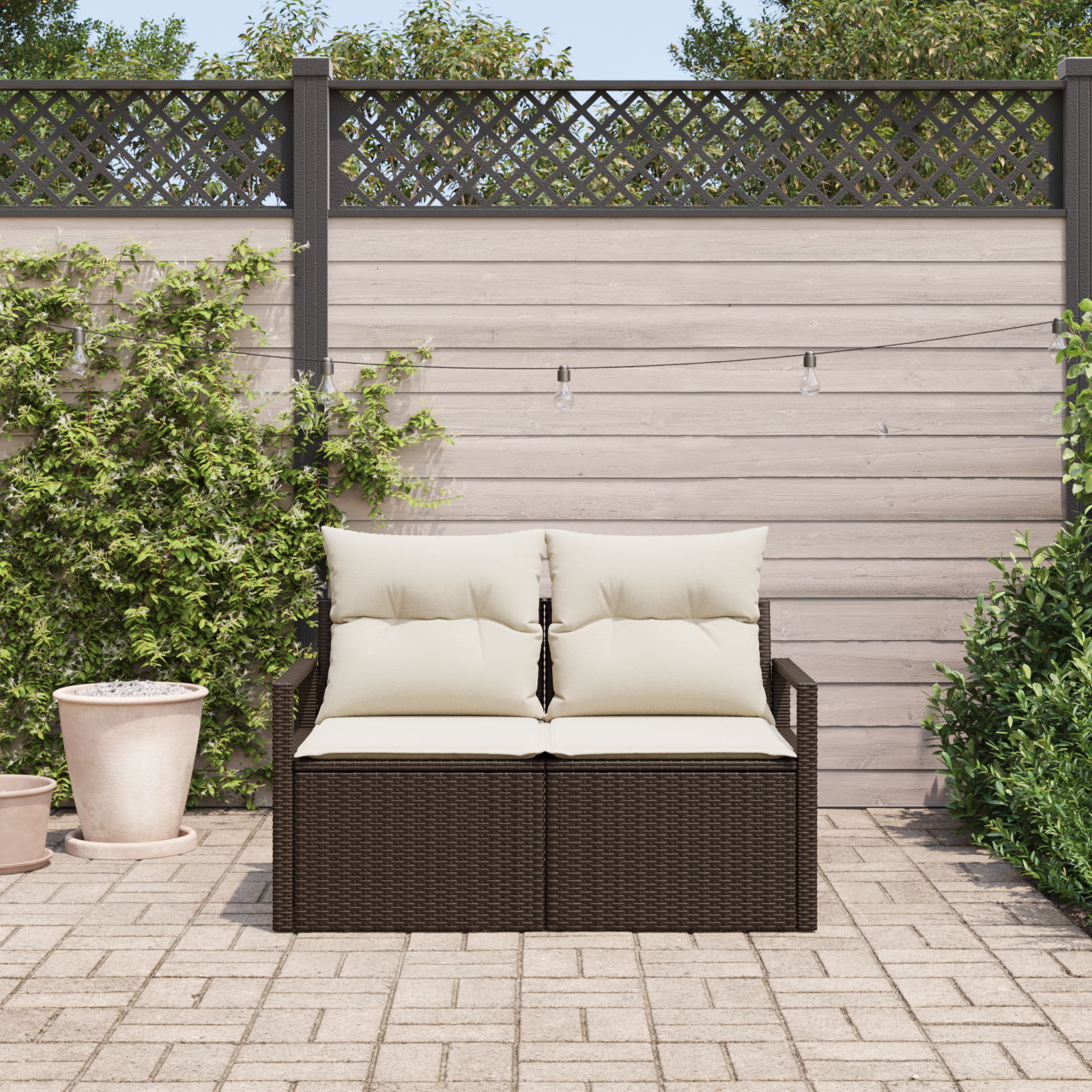 vidaXL Tuinbank 2-zits met kussens poly rattan bruin