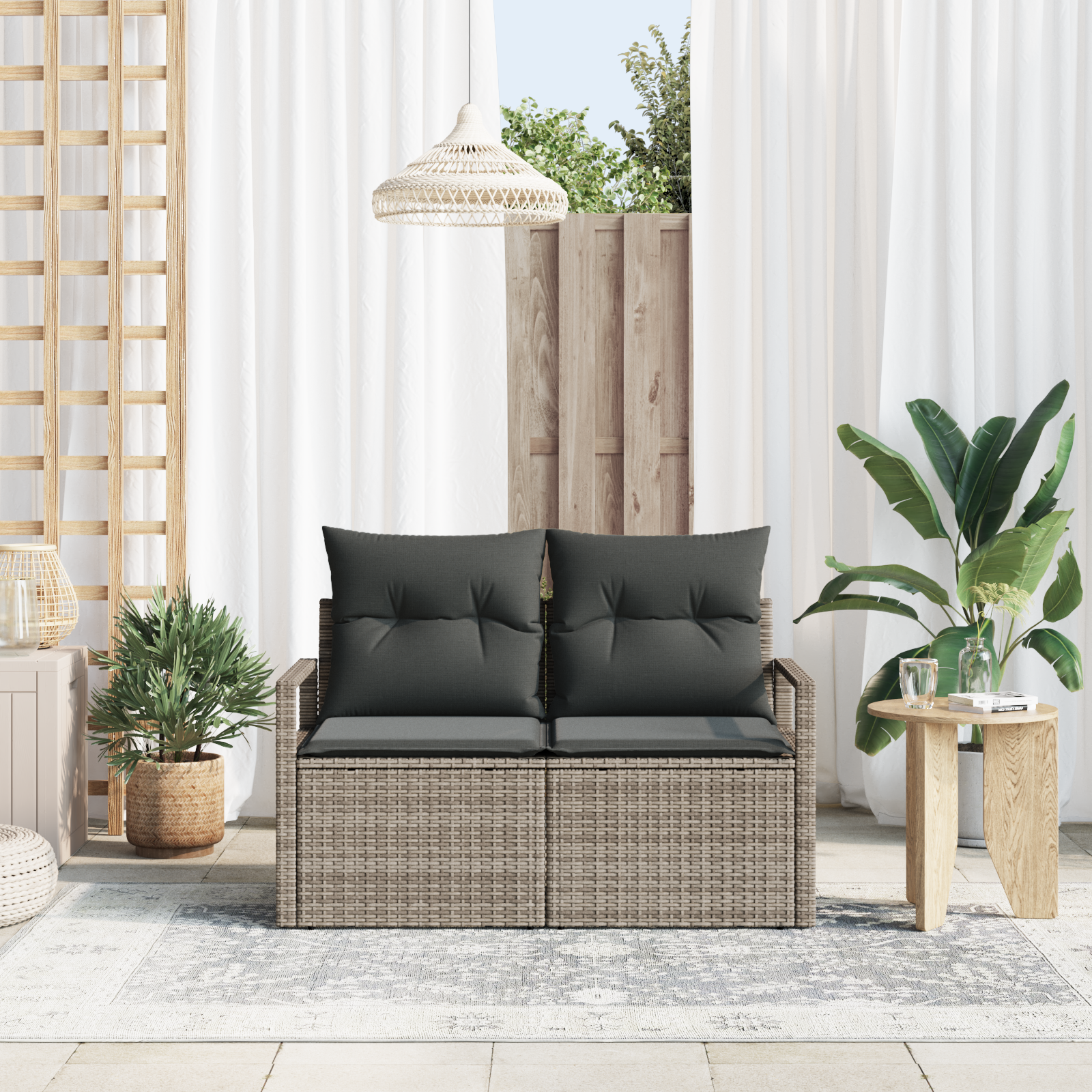 vidaXL Tuinbank 2-zits met kussens poly rattan grijs