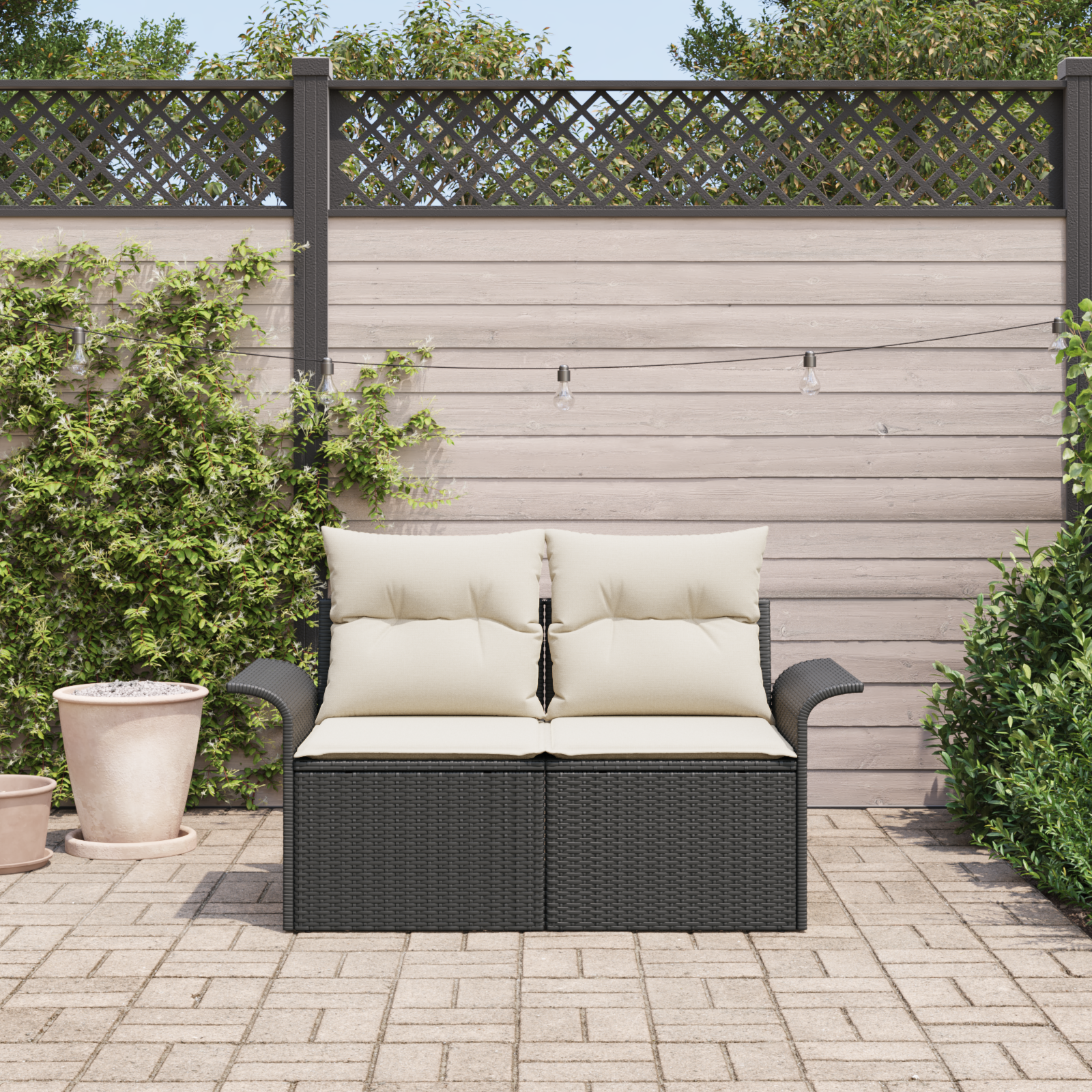 vidaXL Tuinbank 2-zits met kussens poly rattan zwart