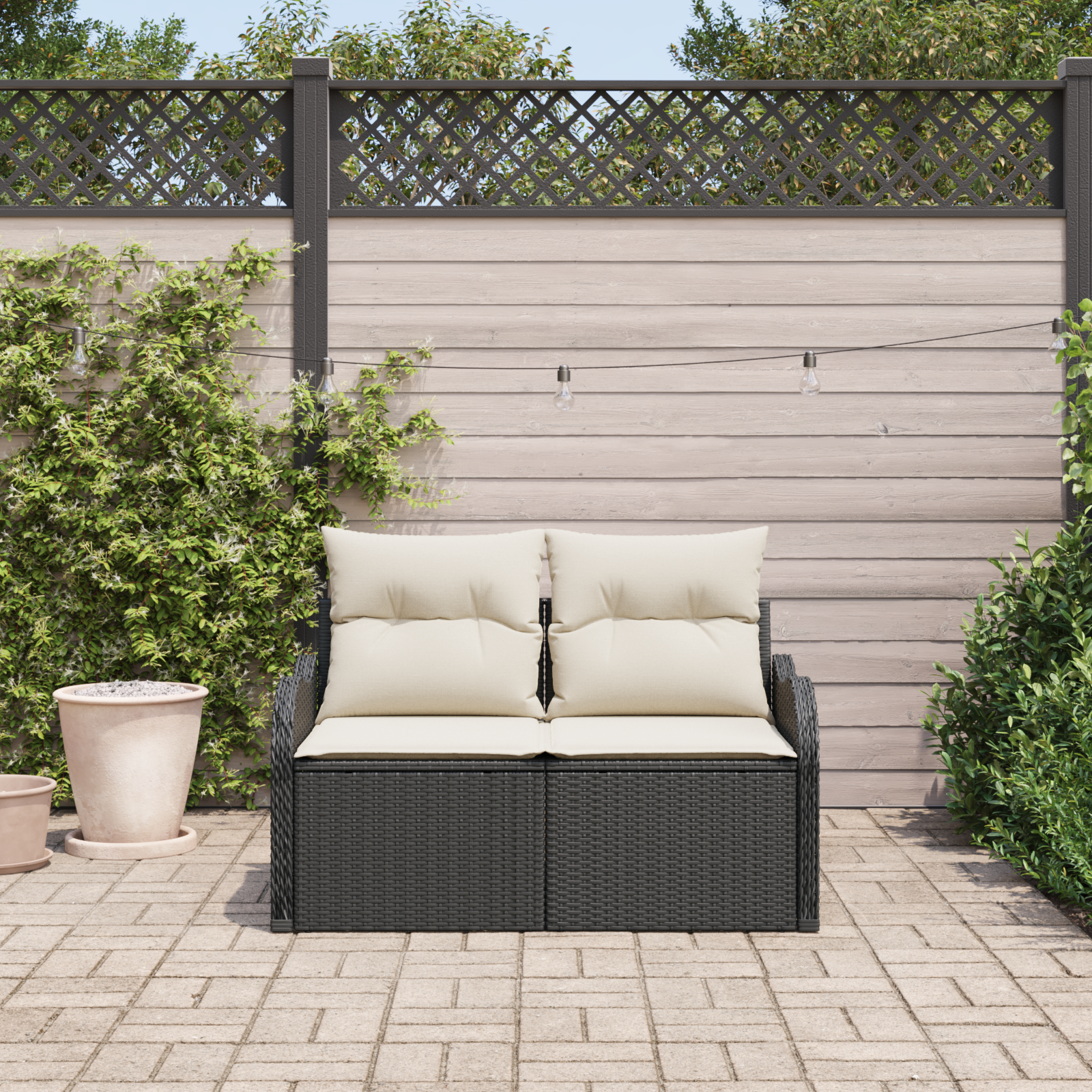 vidaXL Tuinbank 2-zits met kussens poly rattan zwart